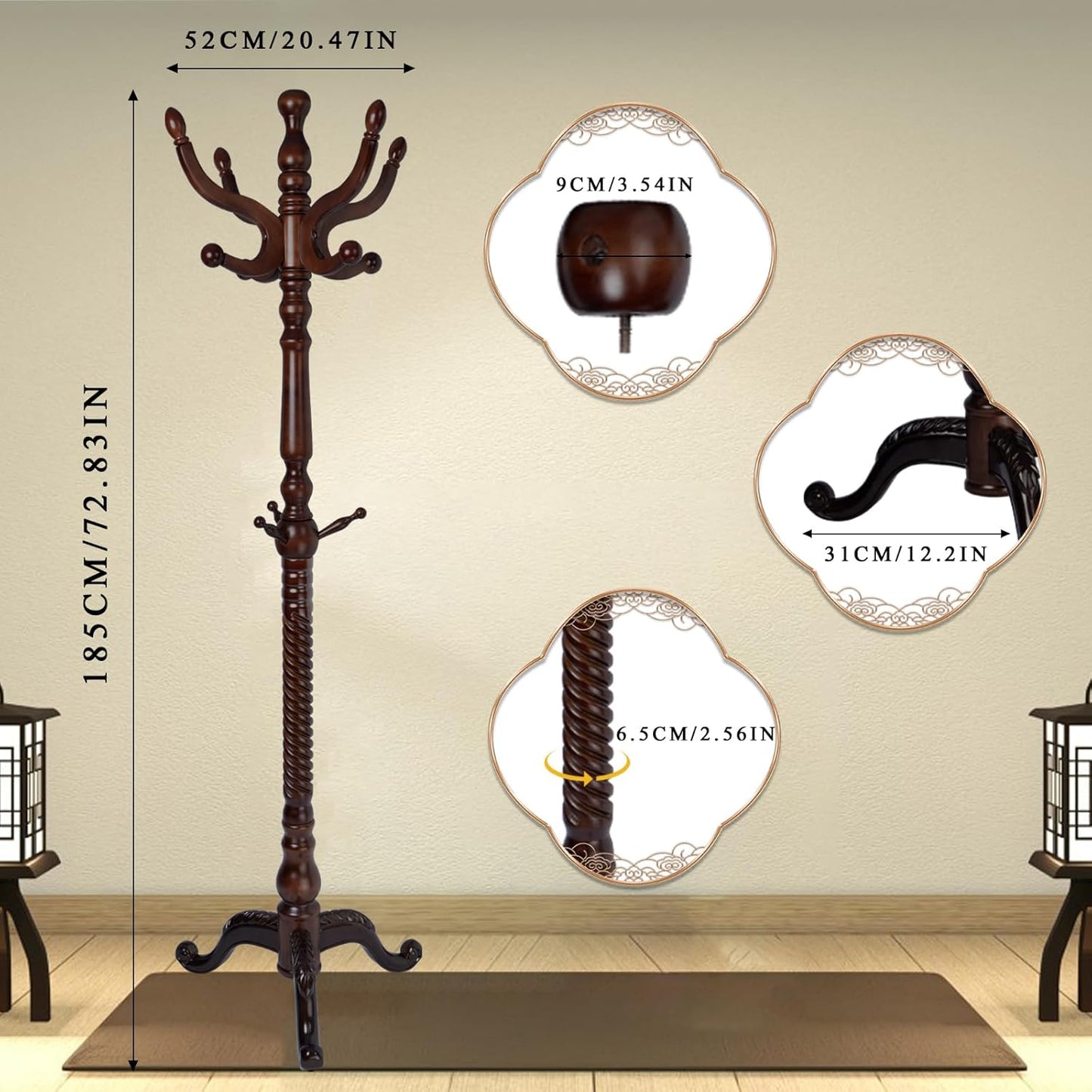 Coat Rack Freestanding, Wooden Tree Coat Rack Stand with 2 Adjustable Sizes Coat Tree and 11 Hooks, Sturdy Hall Tree with Tri-Legged Base for Entryway, Hallway, Bedroom (Walnut-Tri-Legged Base)