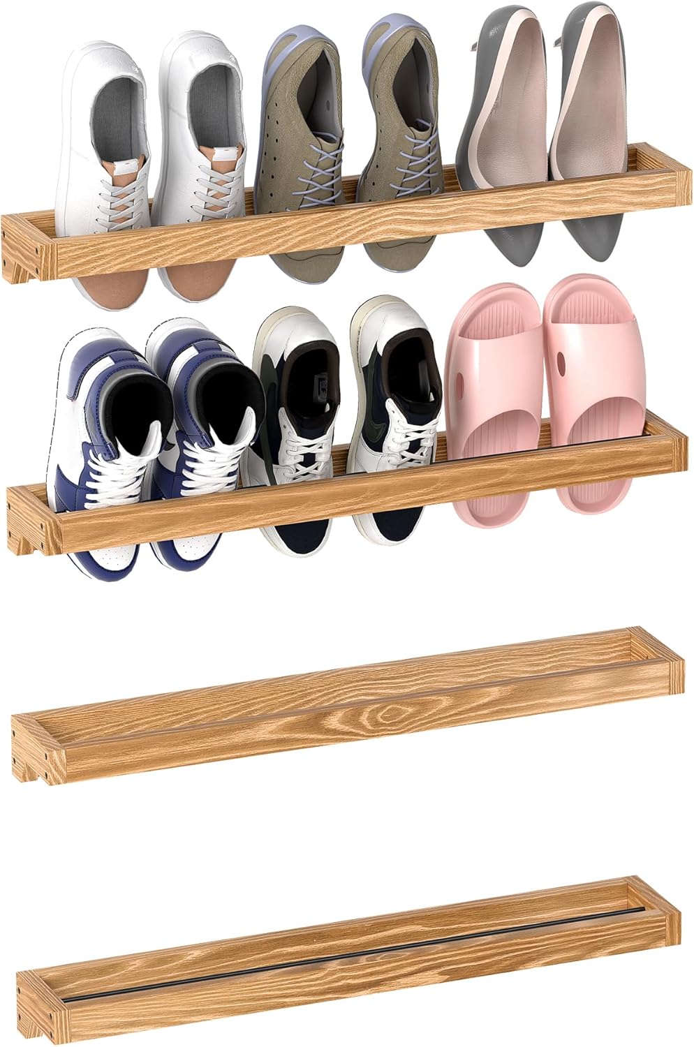 Nisorpa 20 Inch Rustic Burnt Wood Hanging Shoe Rack, Wall Mounted Shoe Rack Storage Organizer Space Saving Footwear Holder for Closet, Mudroom, Entryway, Holds 8 Pairs, Set of 4
