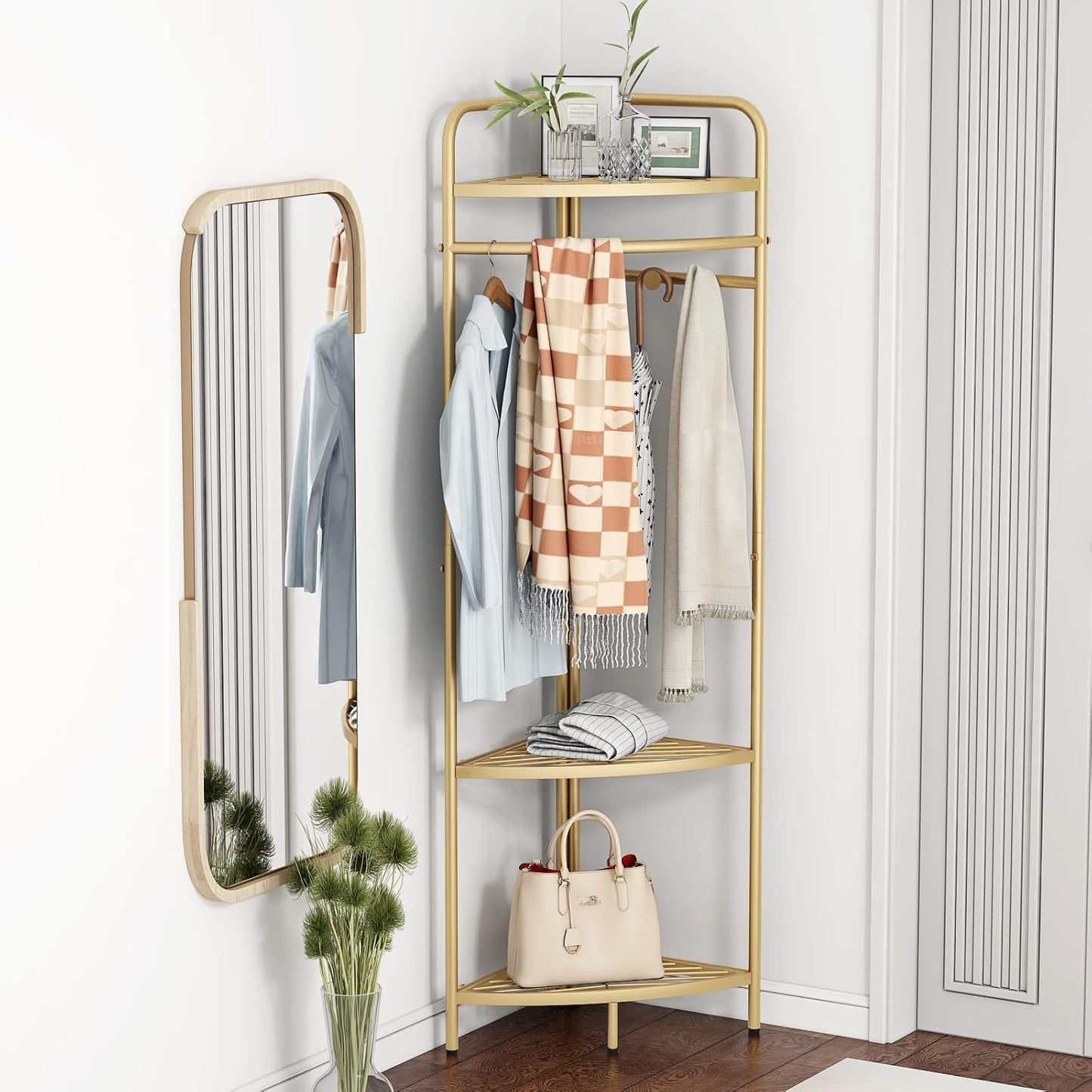Corner Gold Clothing Racks Freestanding, Gold Metal Coat Racks with Hooks, Heavy Duty Modern Clothes Rack with 3 Tier Storage Shelves for Home,Bedroom,Living Room