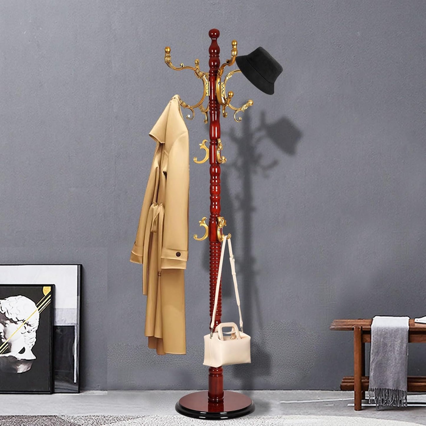 Coat Racks Free Standing with 14 Hooks, Natural Wood Coat Rack with Solid Round Base, Adjustable Height Coat Racks, Easy Assembly for Hallway, Bedroom and Office (Reddish brown)