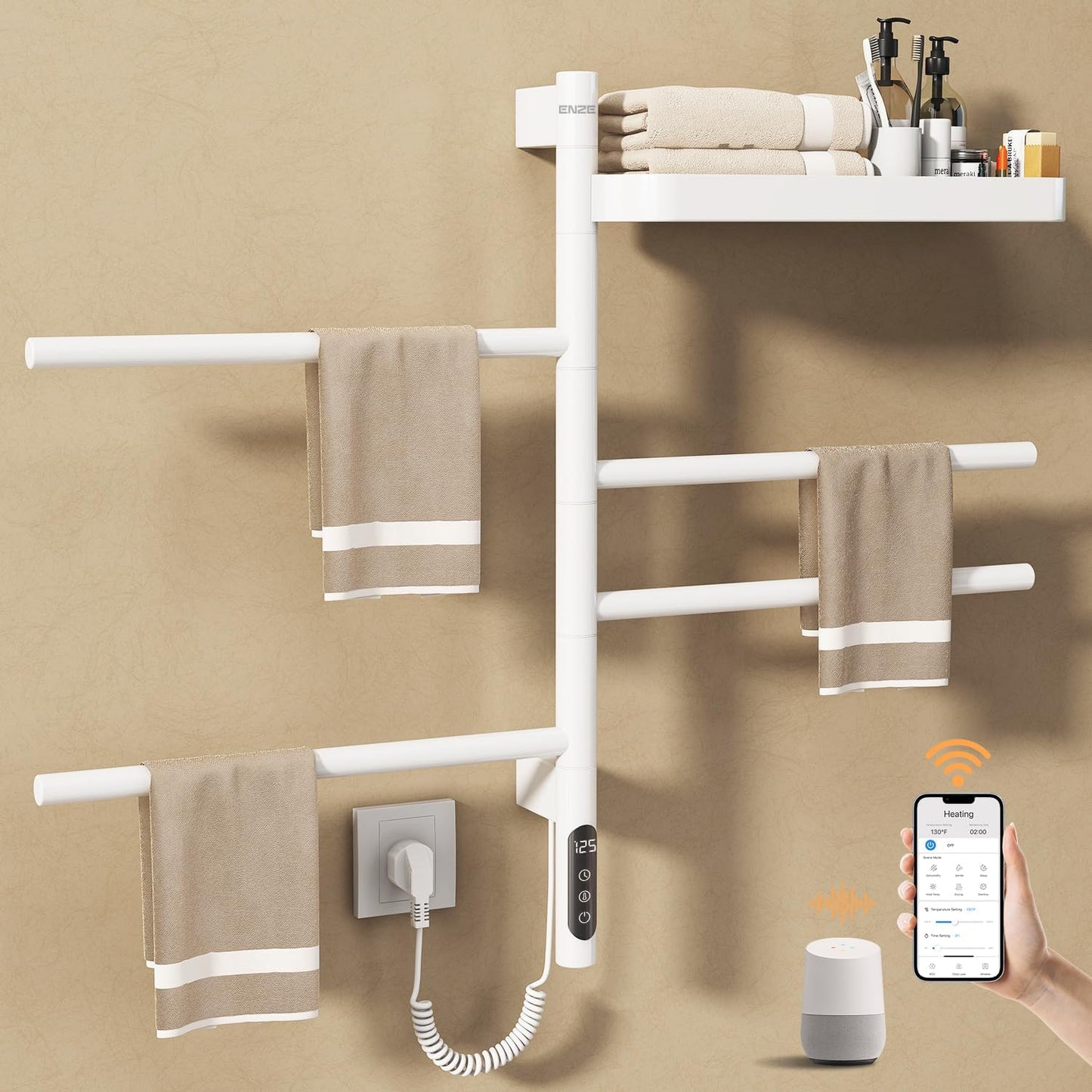 ENZE Smart Rotating Heated Towel Rack for Bathroom, 5-Bar Wall-Mounted Electric Towel Warmer with Swivel Bars, Wi-Fi App Control, 24H Timer, Stainless Steel, IPX5, Hardwired/Plug-in, Gray