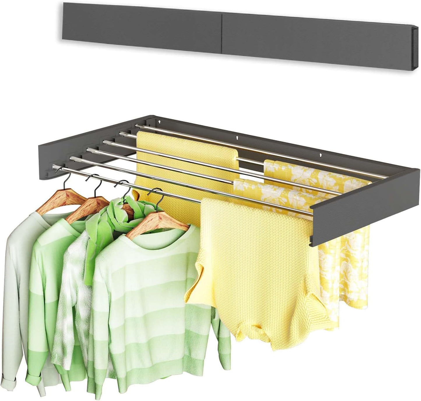 Wall Mounted Clothes Drying Rack 32", Foldable Wall Mount Laundry Rack Folding Indoor, Drying Rack Clothing Collapsible, Hidden Space Saver with Wall Template, 5 Rods, White