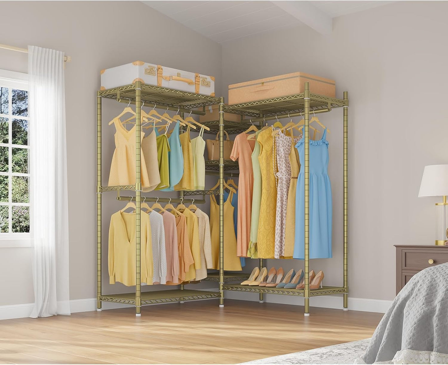 VIPEK L6 L Shaped Clothes Rack Heavy Duty Clothing Rack for Corner, 5-Tier Wire Garment Racks Metal Freestanding Closet with Adjustable Shelves, 42.1" L x 42.1" W x 76.4" H, Max Load 840LBS, Gold