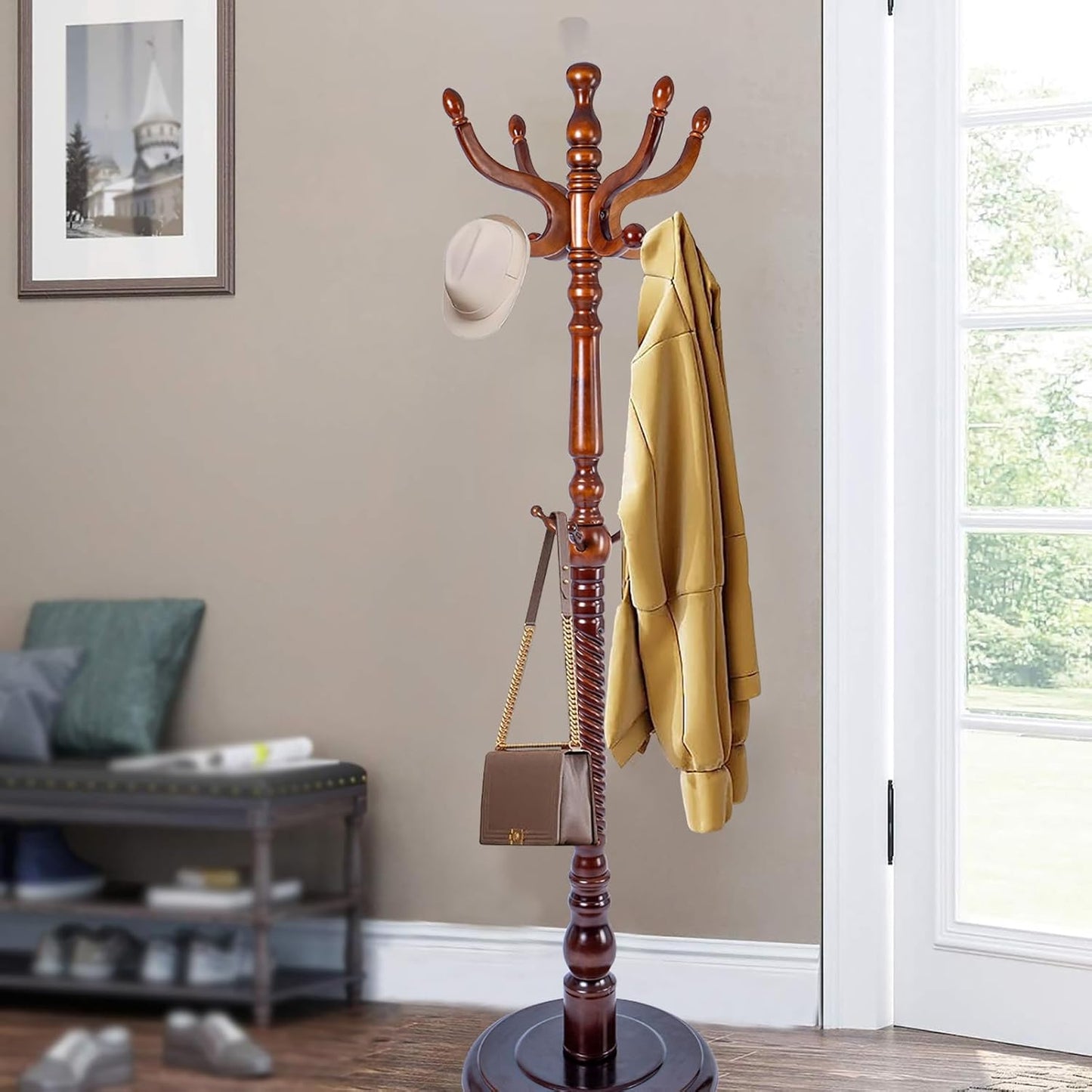 73" Wooden Coat Rack Stand,Coat Racks Freestanding With 14 Hooks And Solid Round Base Heavy Duty Adjustable Height Hall Tree Coat Rack for Entryway Hallway Foyer Office Bedroomf (Red sandalwood)