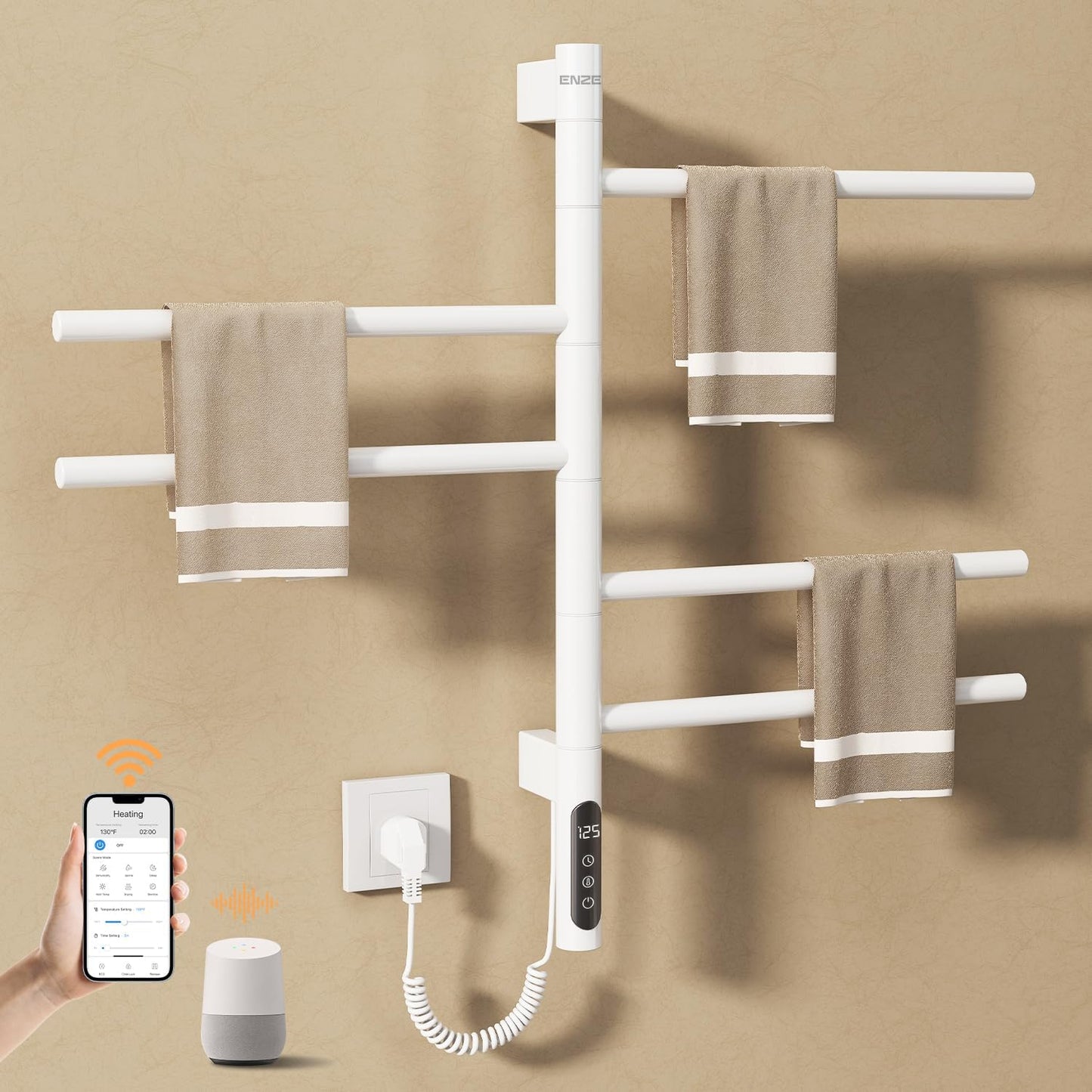 ENZE Smart Rotating Heated Towel Rack for Bathroom, 5-Bar Wall-Mounted Electric Towel Warmer with Swivel Bars, Wi-Fi App Control, 24H Timer, Stainless Steel, IPX5, Hardwired/Plug-in, Gray