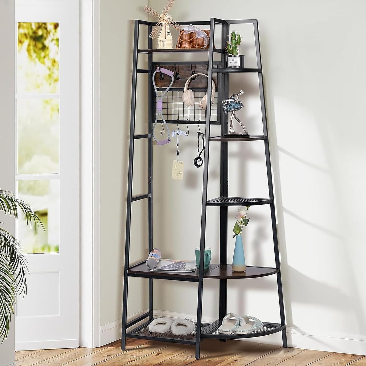 DOEWORKS 4-Tier Corner Industrial Hall Tree, Freestanding Entryway Coat Storage Rack with Hooks and Wooden Storage Shelves, Black