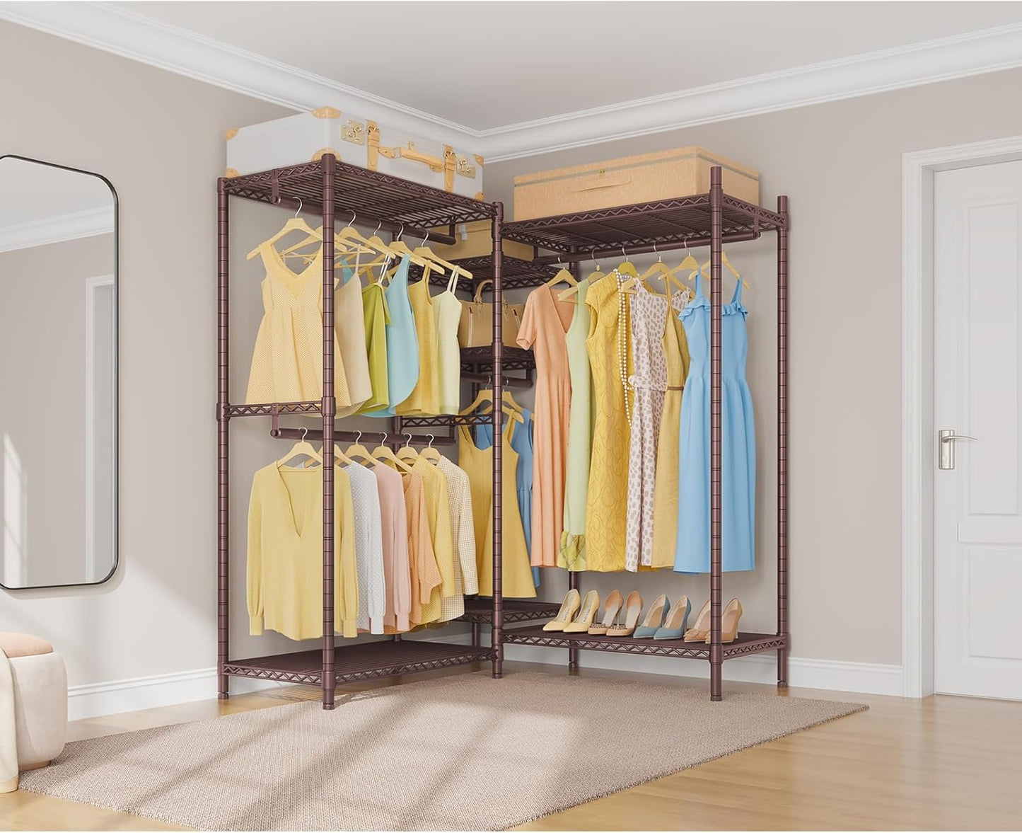 VIPEK L6 L Shaped Clothes Rack for Corner, Heavy Duty Clothing Rack 5-Tier Wire Garment Rack Freestanding Closet with 7 Adjustable Shelves & 4 Hanging Rods, Max Load 850LBS, Bronze