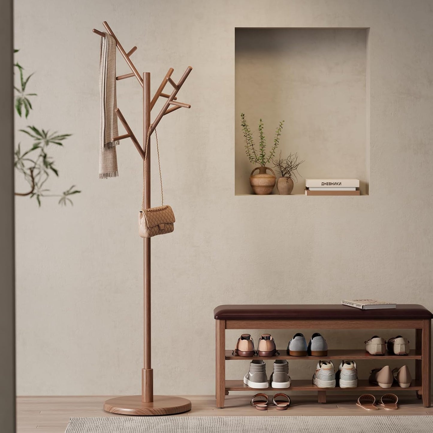 Coat Rack,Solid Wood Coat Rack Freestanding with 12 Hooks,Coat tree freestanding 3 Adjustable Heights for coat, Hats, Handbags,Coat Stand for Entryway,Bedroom (Walnut)