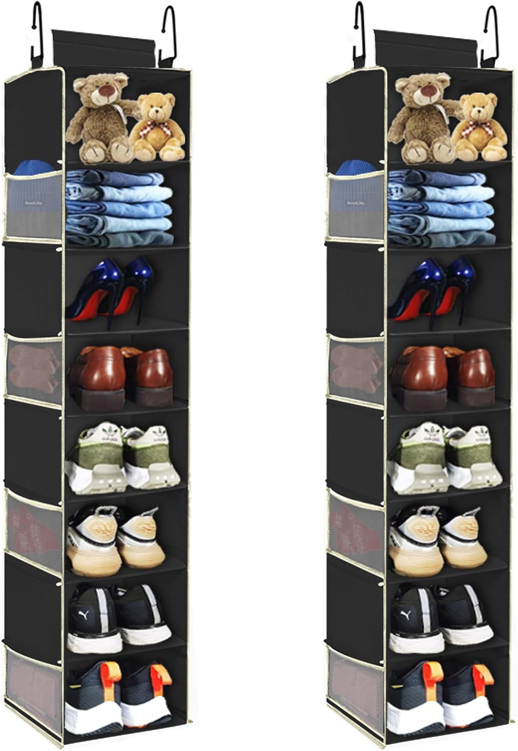 2 Pack Large-Sized Hanging Shoe Organizer 8-Shelf, Hanging Closet Organizer with 8 Side Pockets, Wider Hanging Shelves for Storage Shoes Clothes 9" W × 11.8" D× 48" H, Beige.
