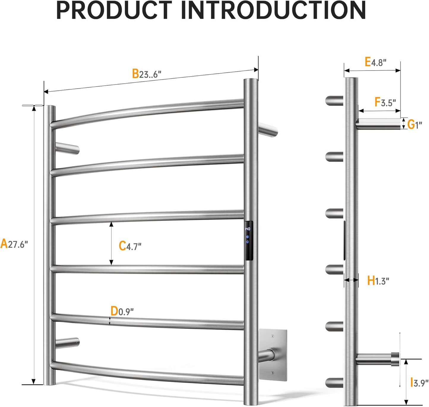 Towel Warmer Rack, Heated Towel Racks for Bathroom, Wall Mounted Towel Warmer, Stainless Steel Curved 6-Bars Drying Rack with Intelligent Touch Screen Timer, Brushed Nickel