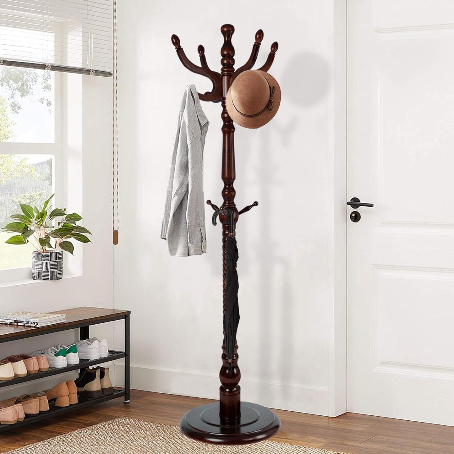 Wooden Coat Rack Freestanding, Vintage Coat Racks with Sturdy Round Base, Adjustable Height 37.40"-72.83" Entrance Coat Rack for Bedroom Living Room Entryway (Solid wood Rosewood)