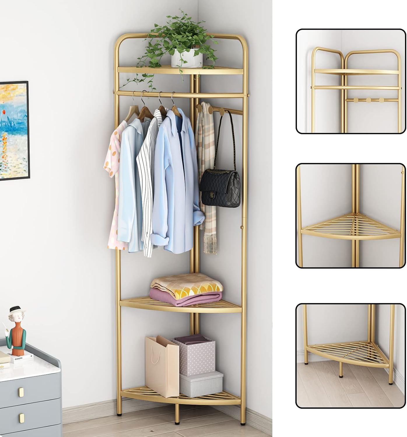 Corner Gold Clothing Racks Freestanding, Gold Metal Coat Racks with Hooks, Heavy Duty Modern Clothes Rack with 3 Tier Storage Shelves for Home,Bedroom,Living Room
