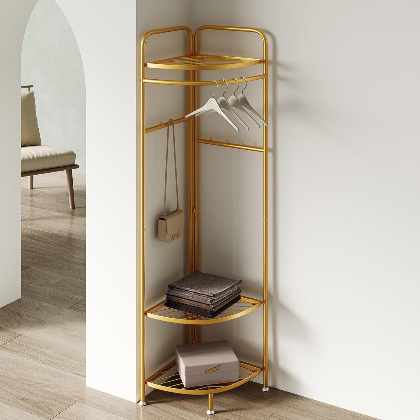 corner coat rack,corner hall tree with 6 hooks and storage shelf,gold clothing rack,Freestanding garment rack,metal corner clothes rack for Hallway, Entryway, Bedroom
