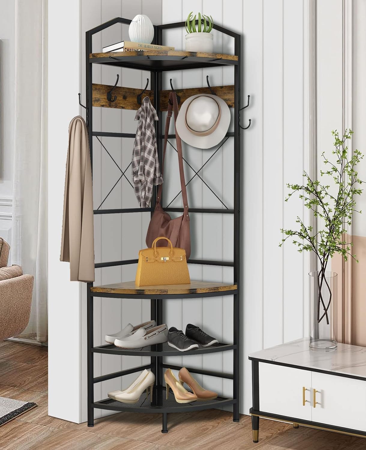 4-Tier Corner Coat Rack with Shoe Storage, Entryway Hall Tree with Bench and Hooks, Wooden Corner Clothes Rack Shoe Shelf Organizer for Home