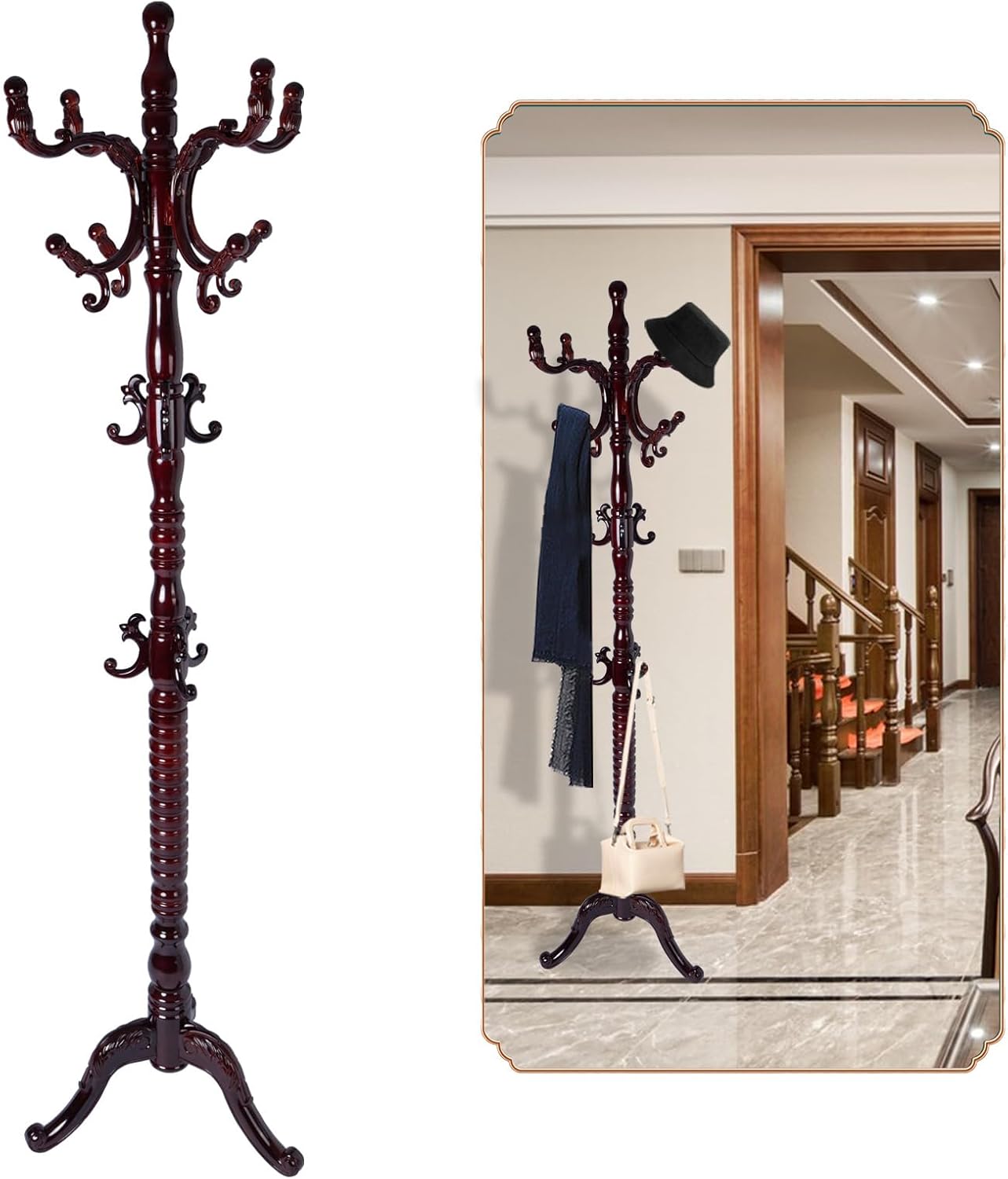 Coat Rack Freestanding, Wooden Tree Coat Rack Stand with 2 Adjustable Sizes Coat Tree and 11 Hooks, Sturdy Hall Tree with Tri-Legged Base for Entryway, Hallway, Bedroom (Walnut-Tri-Legged Base)