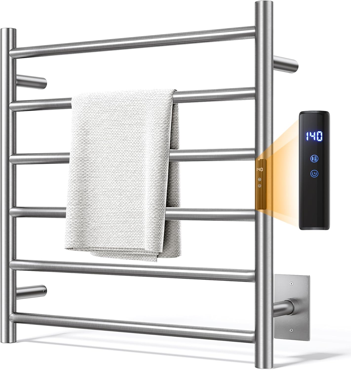 Towel Warmer Rack, Heated Towel Racks for Bathroom, Wall Mounted Towel Warmer, Stainless Steel Curved 6-Bars Drying Rack with Intelligent Touch Screen Timer, Brushed Nickel