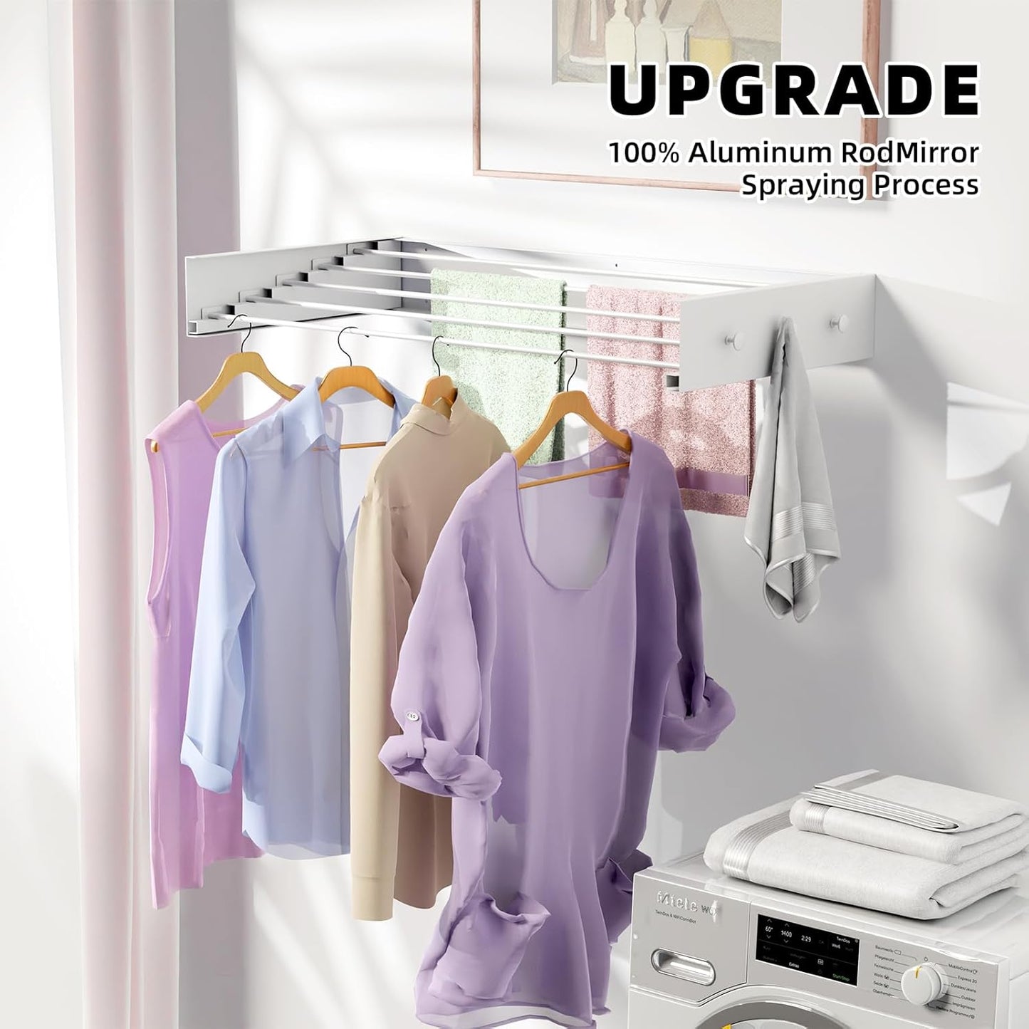 Upgrade Laundry Drying Rack, 31.5" Drying Rack Clothing Wall Mounted,Foldable, 5 Aluminum Rods with 6 Hooks, Space-Saving White Collapsible Drying Racks Hanger for Laundry Bathroom
