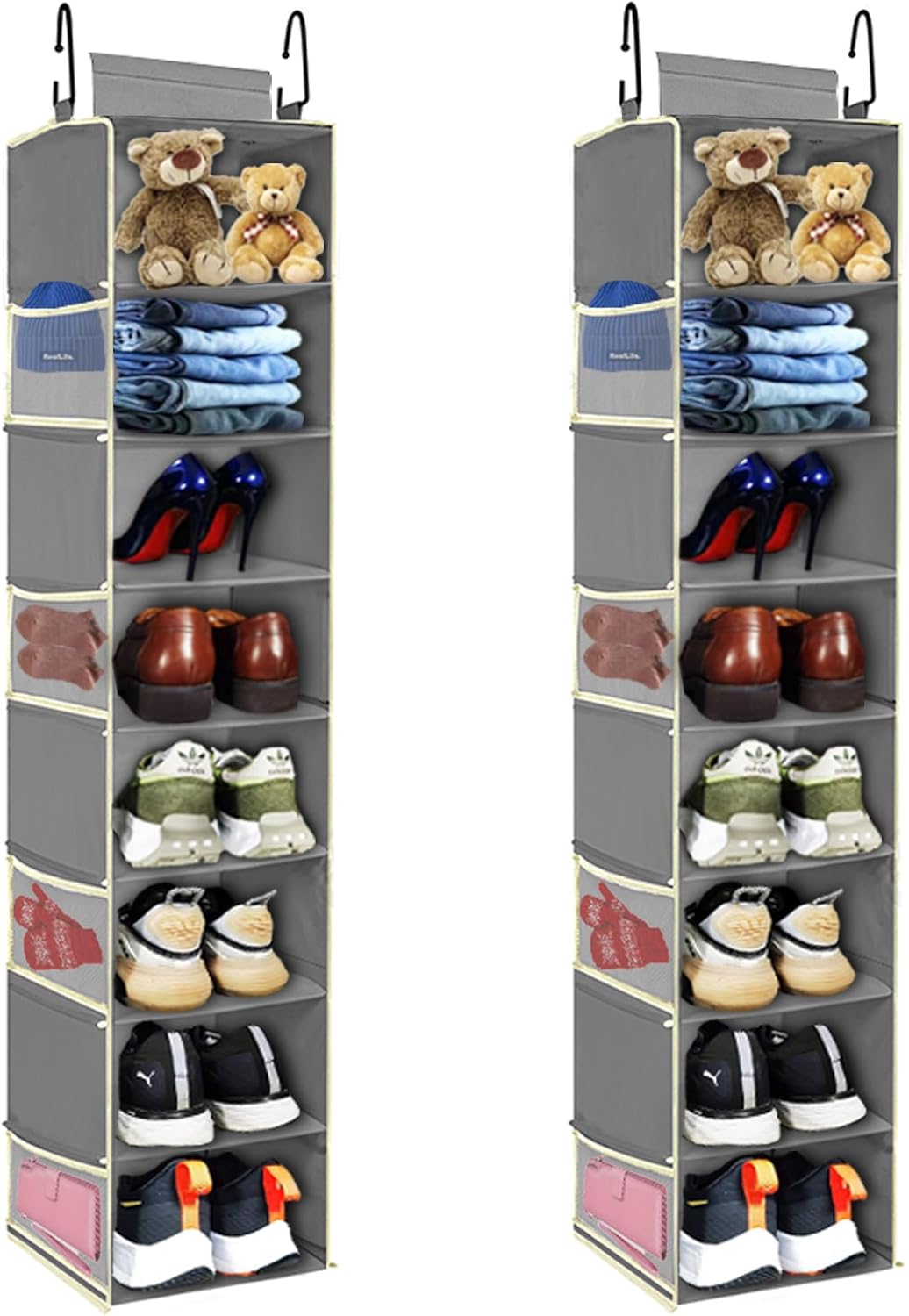 2 Pack Large-Sized Hanging Shoe Organizer 8-Shelf, Hanging Closet Organizer with 8 Side Pockets, Wider Hanging Shelves for Storage Shoes Clothes 9" W × 11.8" D× 48" H, Beige.