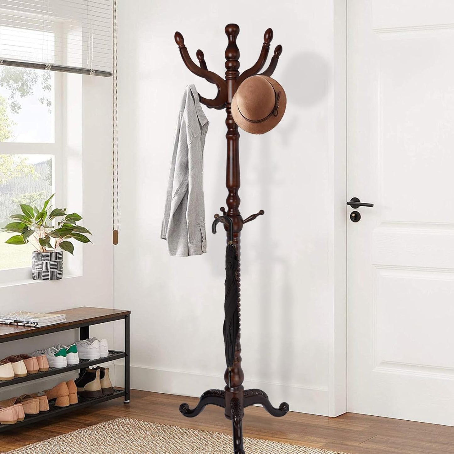 Wooden Coat Rack Freestanding, Vintage Coat Racks with Sturdy Round Base, Adjustable Height 37.40"-72.83" Entrance Coat Rack for Bedroom Living Room Entryway (Solid wood Rosewood)
