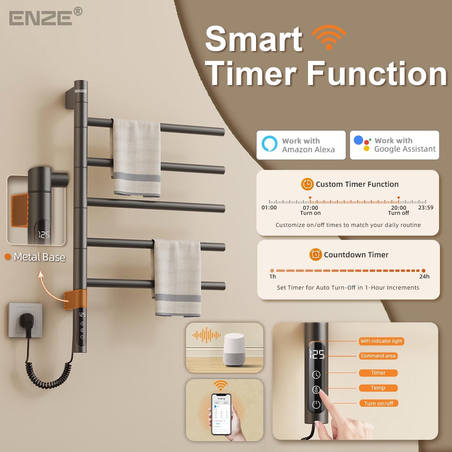 ENZE Smart Rotating Heated Towel Rack for Bathroom, 5-Bar Wall-Mounted Electric Towel Warmer with Swivel Bars, Wi-Fi App Control, 24H Timer, Stainless Steel, IPX5, Hardwired/Plug-in, Gray