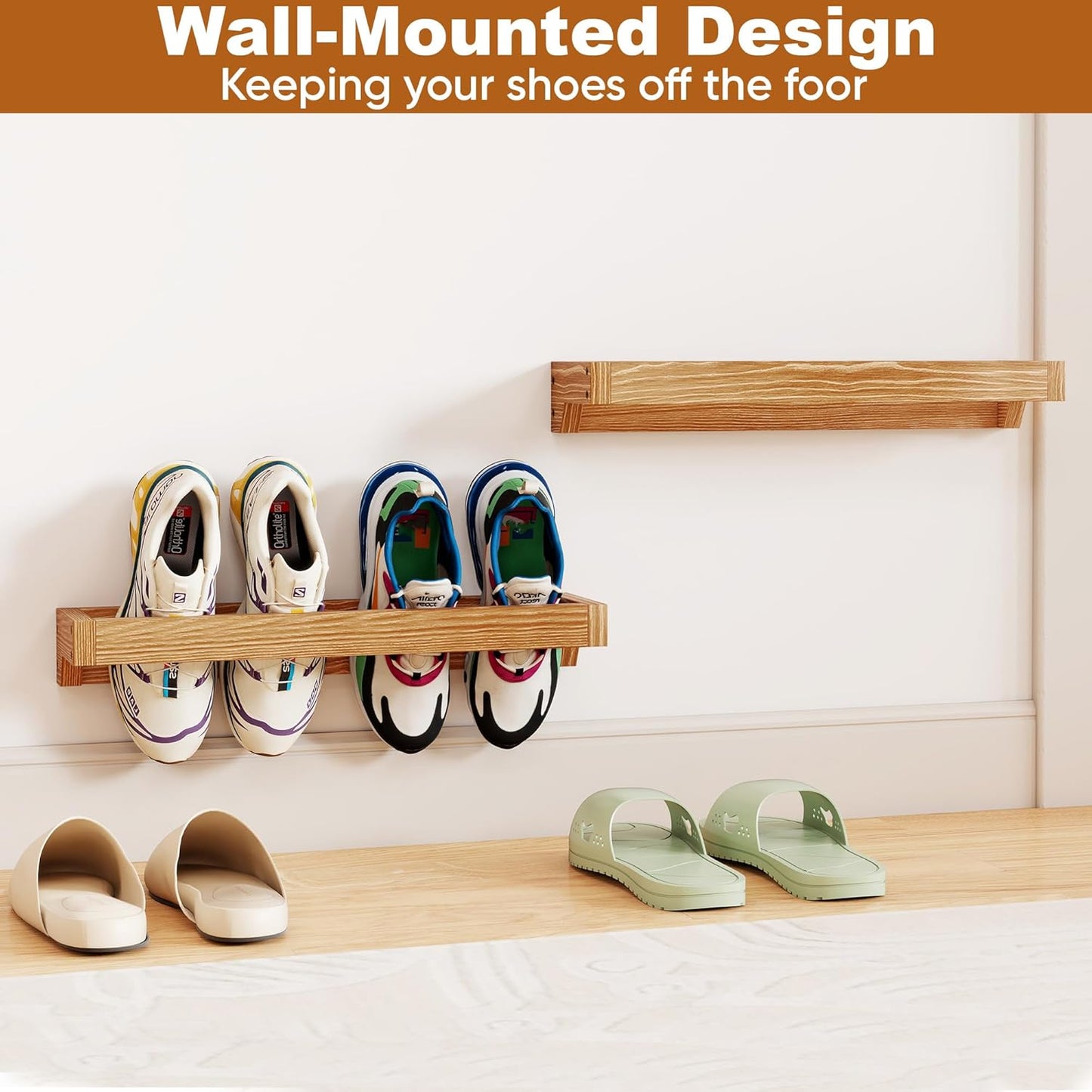 Nisorpa 20 Inch Rustic Burnt Wood Hanging Shoe Rack, Wall Mounted Shoe Rack Storage Organizer Space Saving Footwear Holder for Closet, Mudroom, Entryway, Holds 8 Pairs, Set of 4