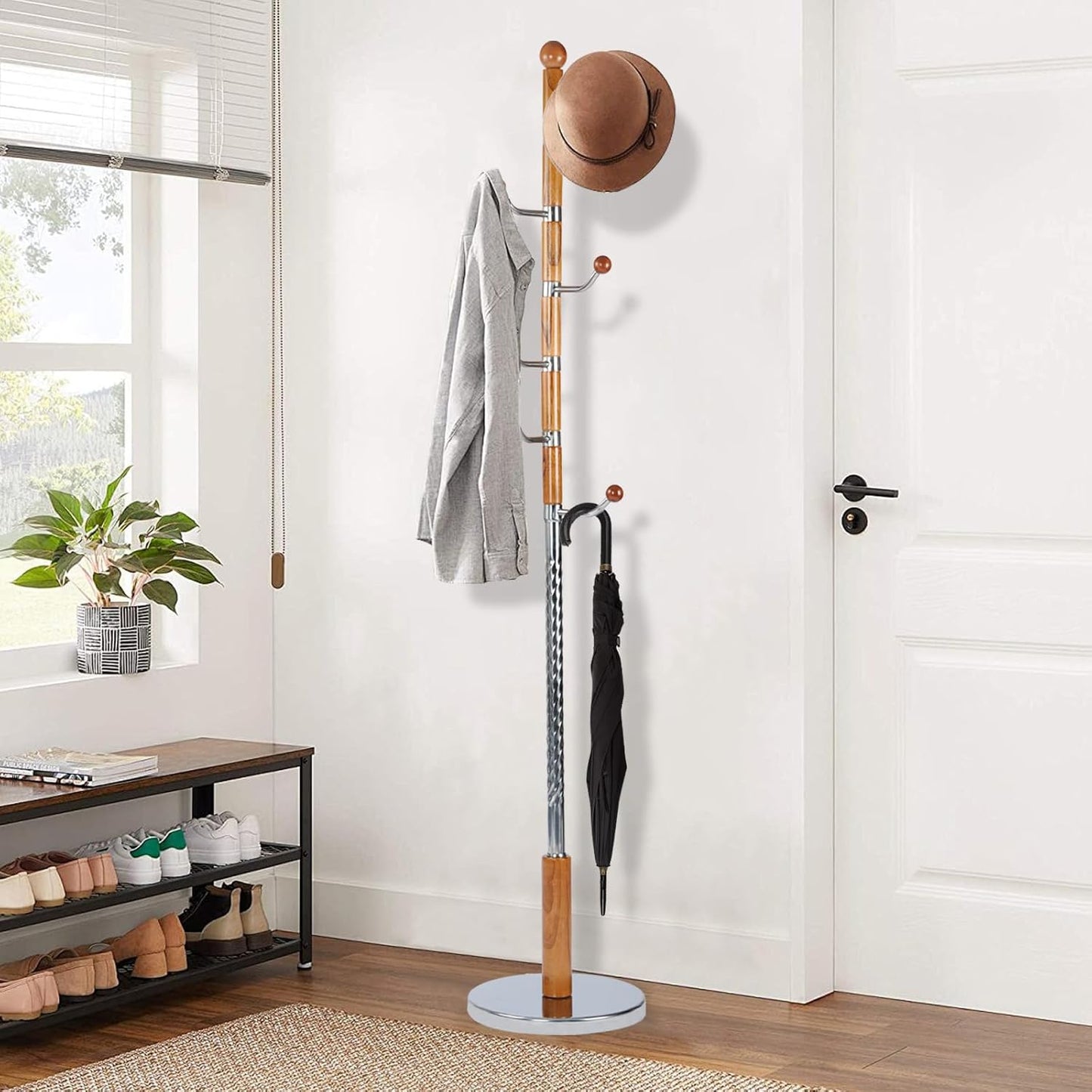 Wooden Coat Rack Freestanding, Vintage Coat Racks with Sturdy Round Base, Adjustable Height 37.40"-72.83" Entrance Coat Rack for Bedroom Living Room Entryway (Solid wood Rosewood)