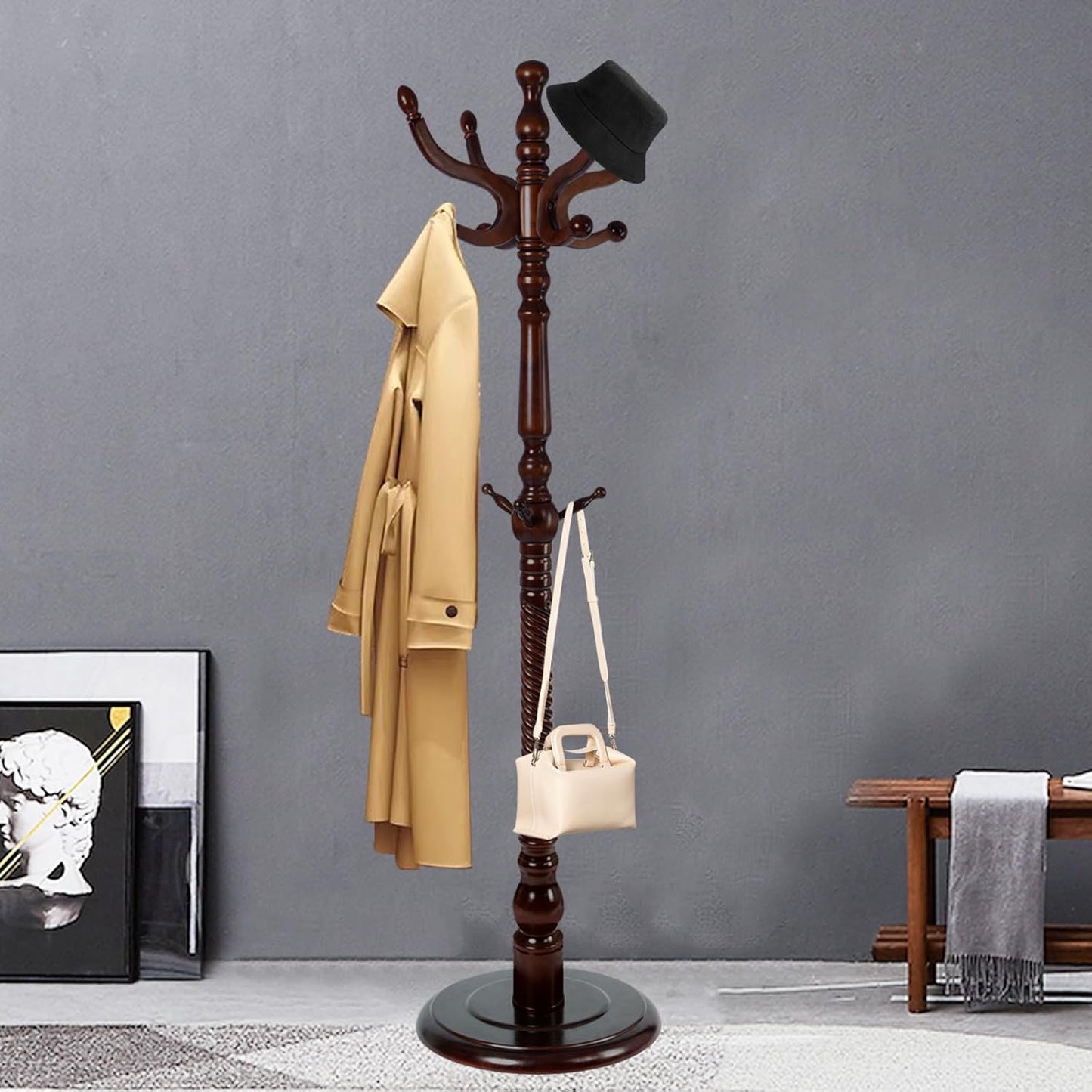 Coat Racks Free Standing with 14 Hooks, Natural Wood Coat Rack with Solid Round Base, Adjustable Height Coat Racks, Easy Assembly for Hallway, Bedroom and Office (Reddish brown)