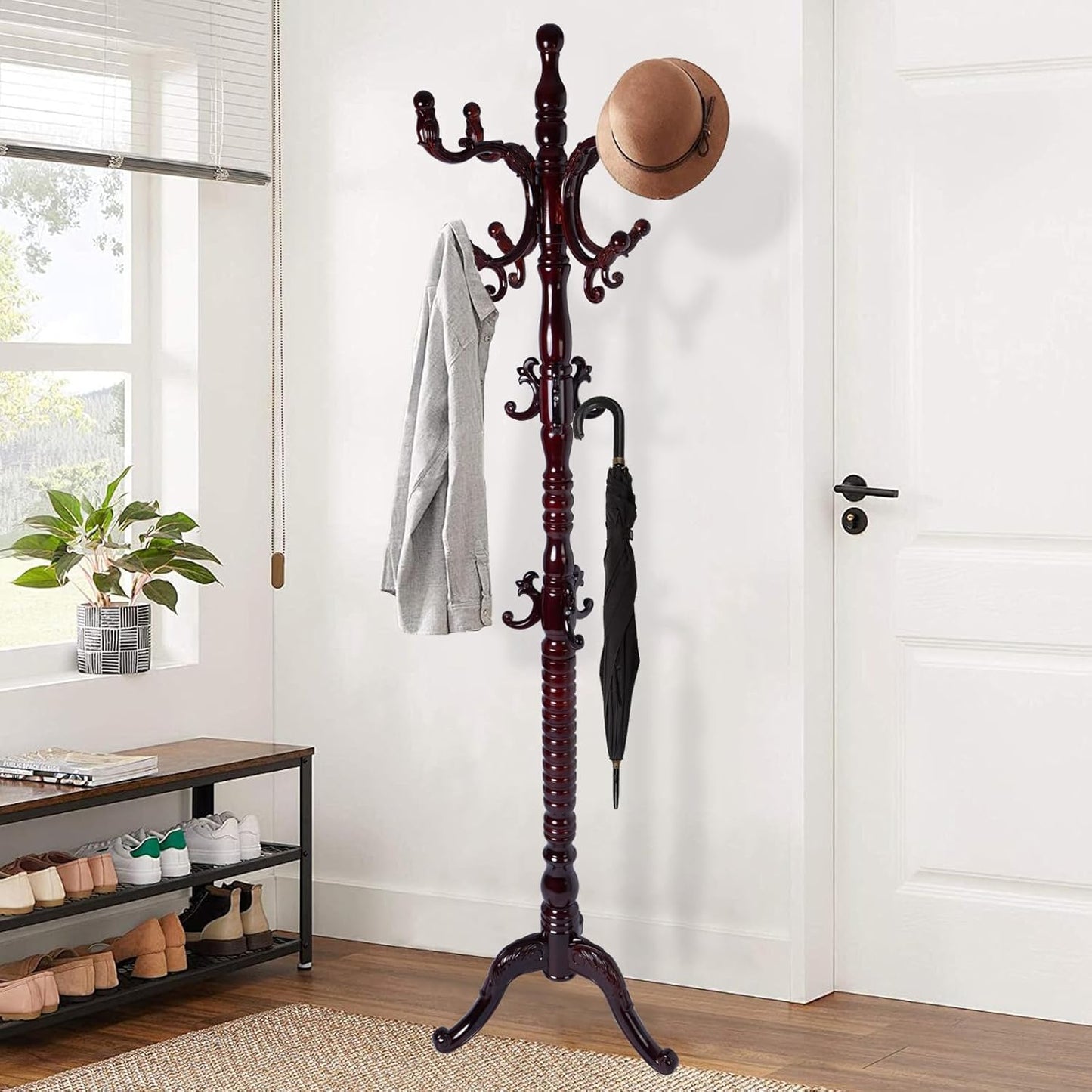Wooden Coat Rack Freestanding, Vintage Coat Racks with Sturdy Round Base, Adjustable Height 37.40"-72.83" Entrance Coat Rack for Bedroom Living Room Entryway (Solid wood Rosewood)