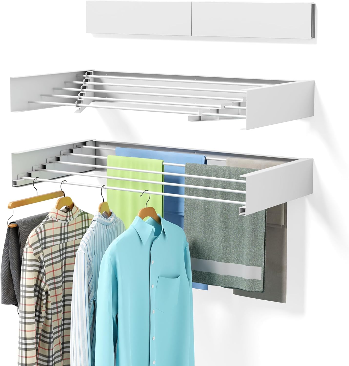 Upgrade Laundry Drying Rack, 31.5" Drying Rack Clothing Wall Mounted,Foldable, 5 Aluminum Rods with 6 Hooks, Space-Saving White Collapsible Drying Racks Hanger for Laundry Bathroom