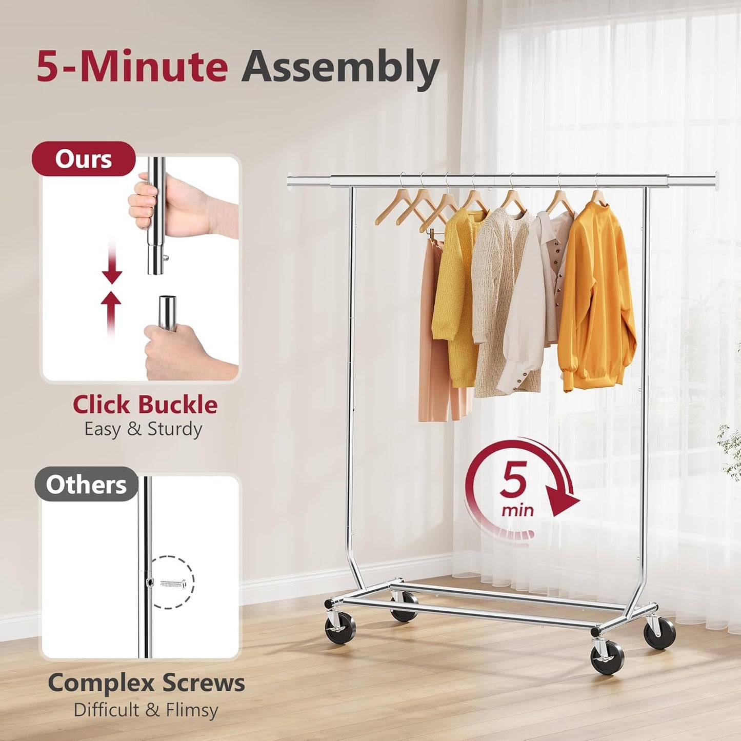Tajsoon Clothes Rack Heavy Duty Clothing Rack Load 350 LBS, Rolling Garment Rack with Wheels and Extendable Rod, Collapsible Clothing Rack for Hanging Clothes with Bottom Shelf, Chrome