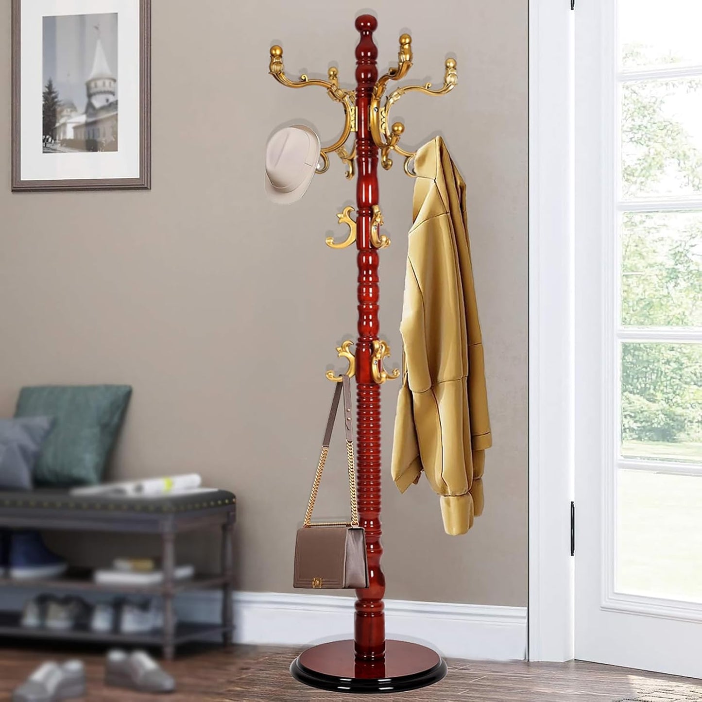 73" Wooden Coat Rack Stand,Coat Racks Freestanding With 14 Hooks And Solid Round Base Heavy Duty Adjustable Height Hall Tree Coat Rack for Entryway Hallway Foyer Office Bedroomf (Red sandalwood)