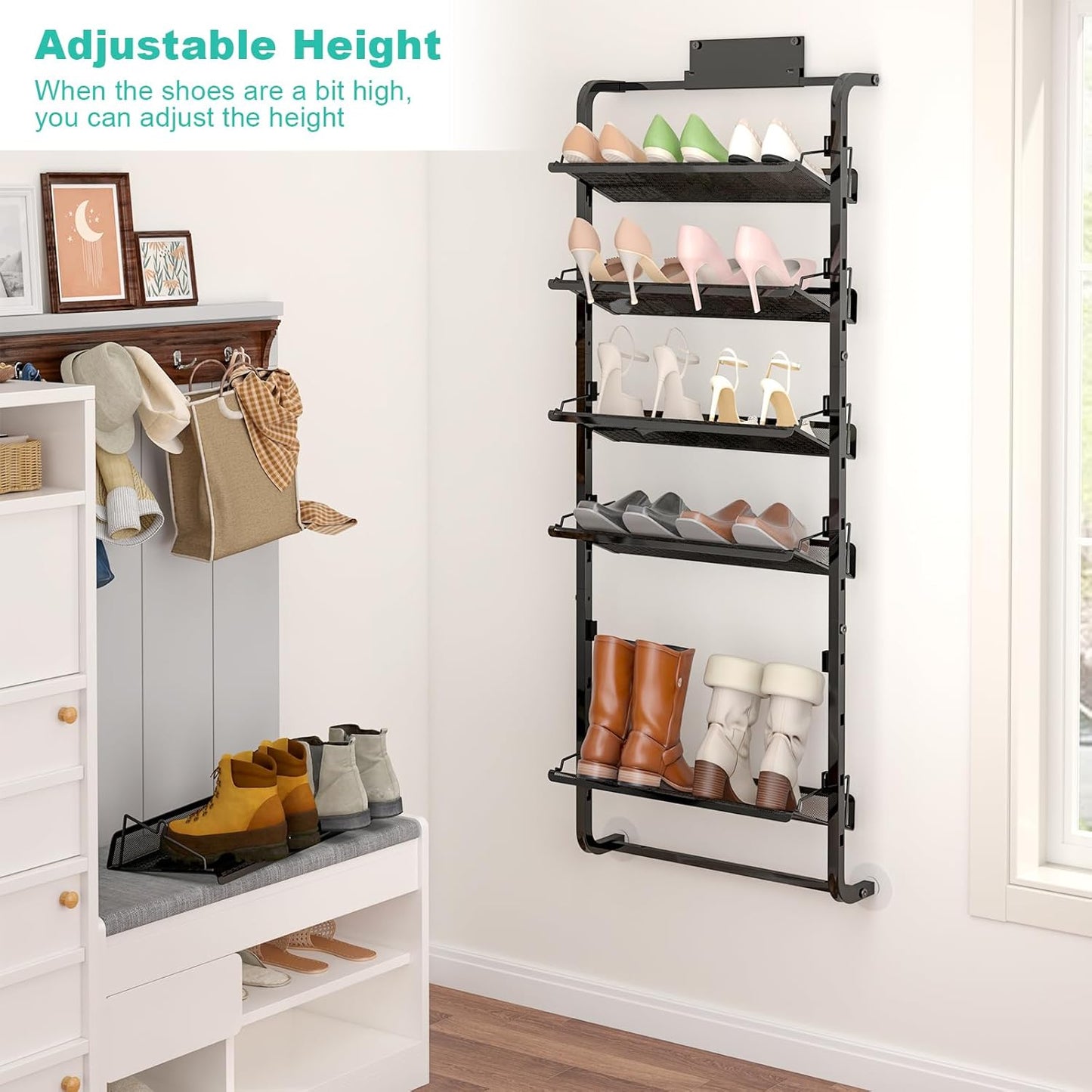 bukfen Over The Door Shoe Organizer,6-Tier Adjustable Door-Mounted/Wall-Mounted Shoe Rack,Heavy-Duty Metal Storage for Closet Door,Black,1 Pack