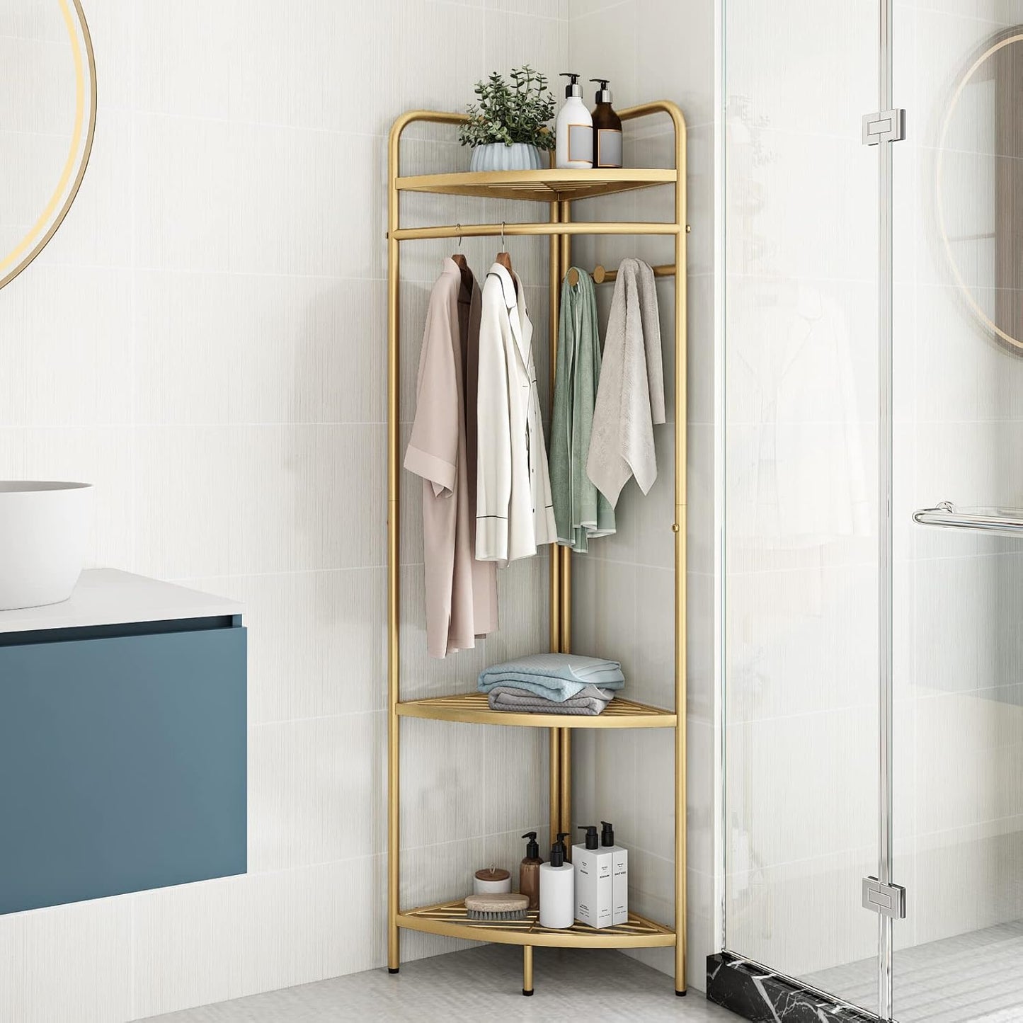 Corner Gold Clothing Racks Freestanding, Gold Metal Coat Racks with Hooks, Heavy Duty Modern Clothes Rack with 3 Tier Storage Shelves for Home,Bedroom,Living Room
