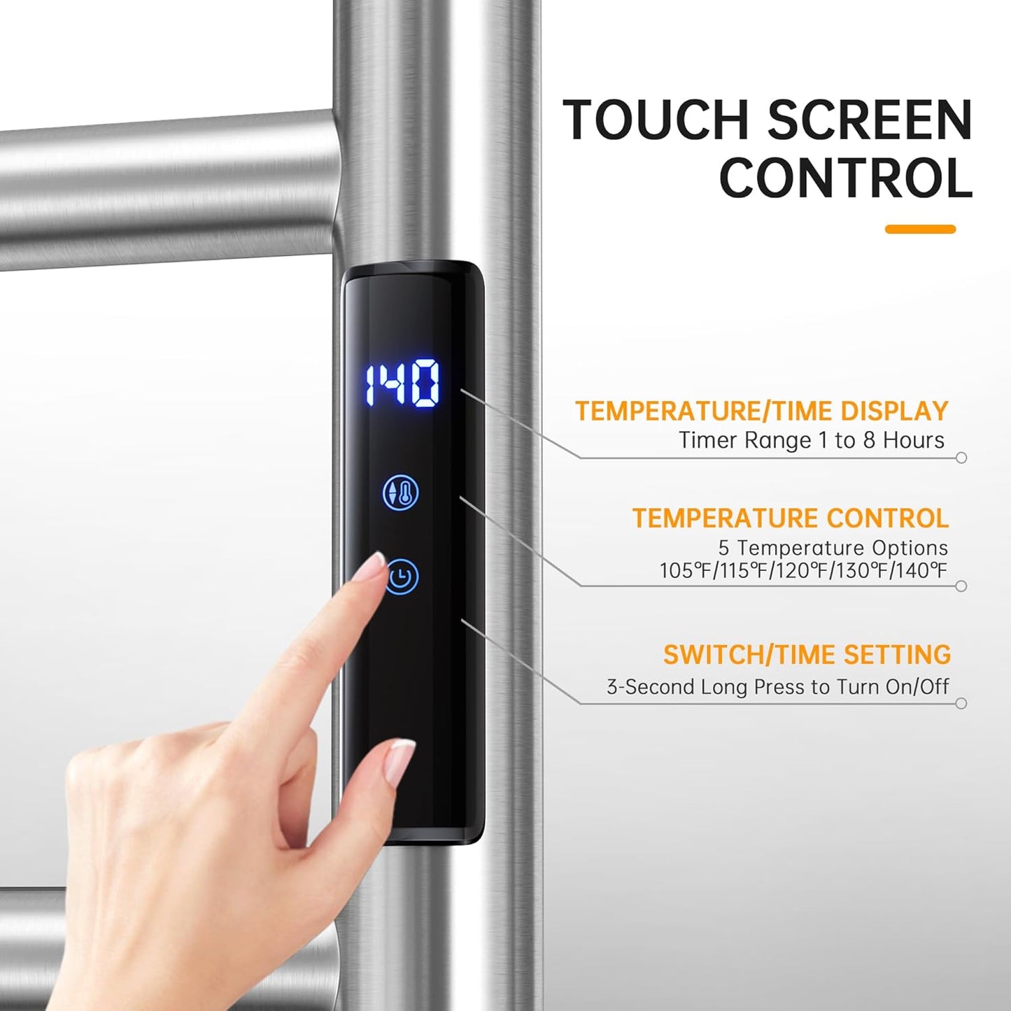 Towel Warmer Rack, Heated Towel Racks for Bathroom, Wall Mounted Towel Warmer, Stainless Steel Curved 6-Bars Drying Rack with Intelligent Touch Screen Timer, Brushed Nickel