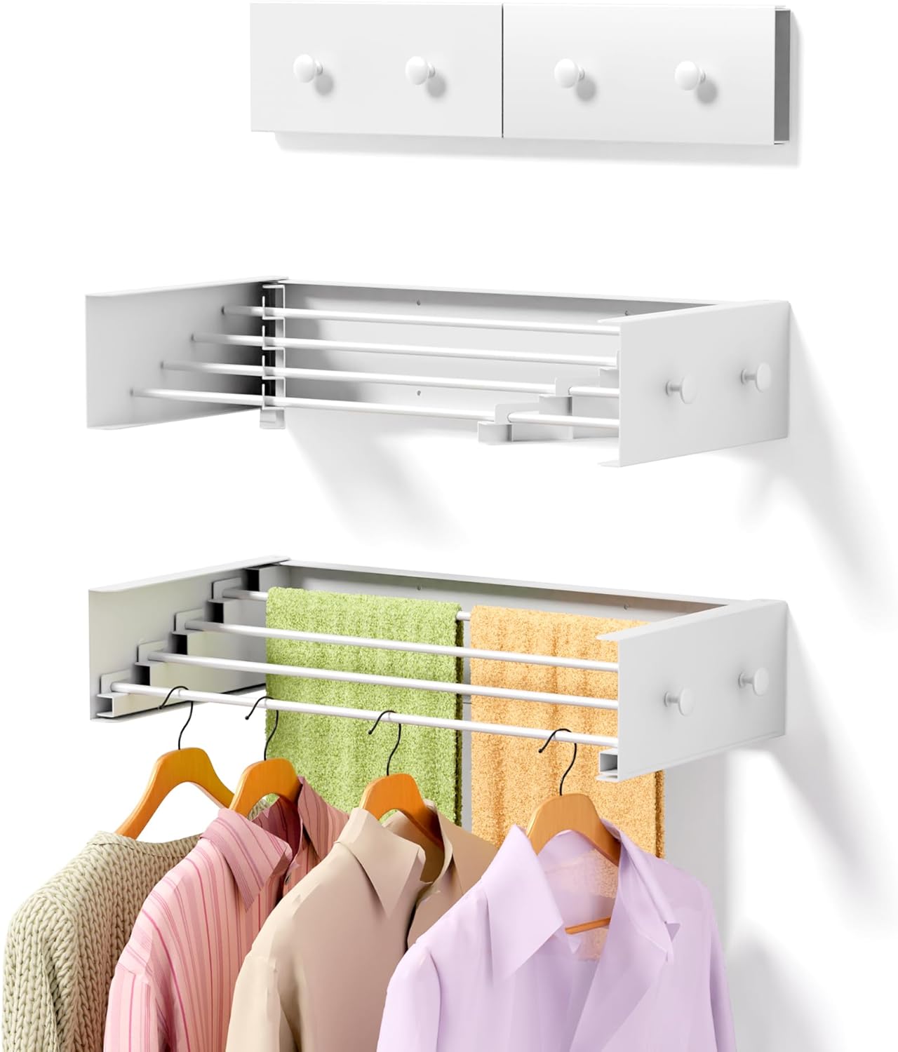 Upgrade Laundry Drying Rack, 31.5" Drying Rack Clothing Wall Mounted,Foldable, 5 Aluminum Rods with 6 Hooks, Space-Saving White Collapsible Drying Racks Hanger for Laundry Bathroom