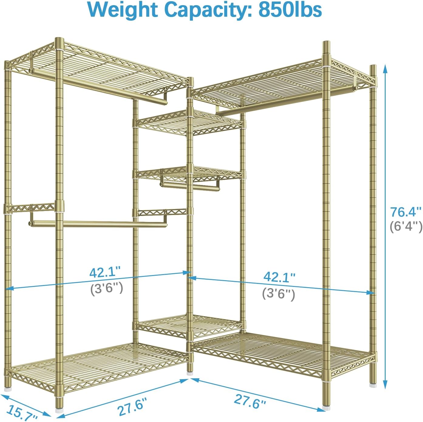 VIPEK L6 L Shaped Clothes Rack Heavy Duty Clothing Rack for Corner, 5-Tier Wire Garment Racks Metal Freestanding Closet with Adjustable Shelves, 42.1" L x 42.1" W x 76.4" H, Max Load 840LBS, Gold