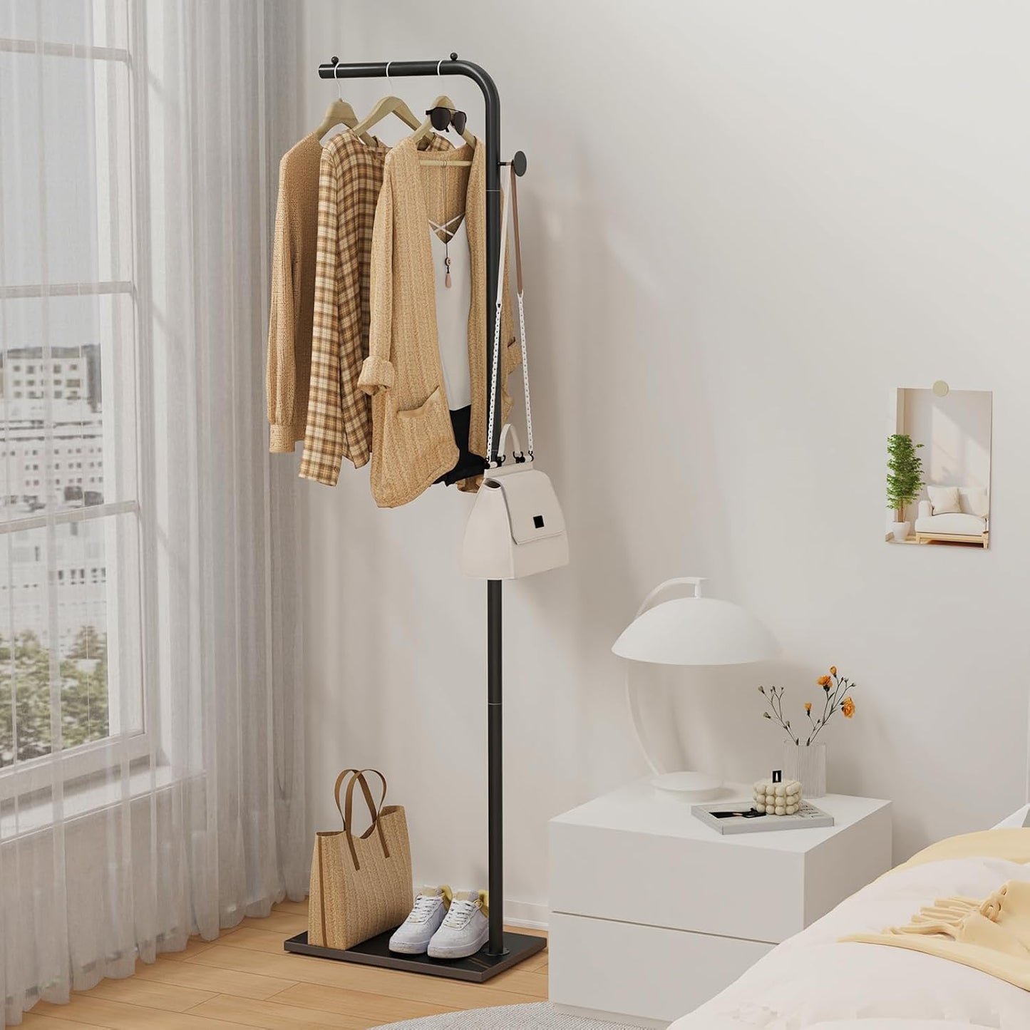 OUTBROS Coat Rack, Portable L-shaped Clothes Rack with Hook, Modern Hanger, Sturdy Freestanding Metal Clothing Rack, Used in Bedroom, Entrance and Living Room, 15.3 x 10.2 x 70.8 inch, Black
