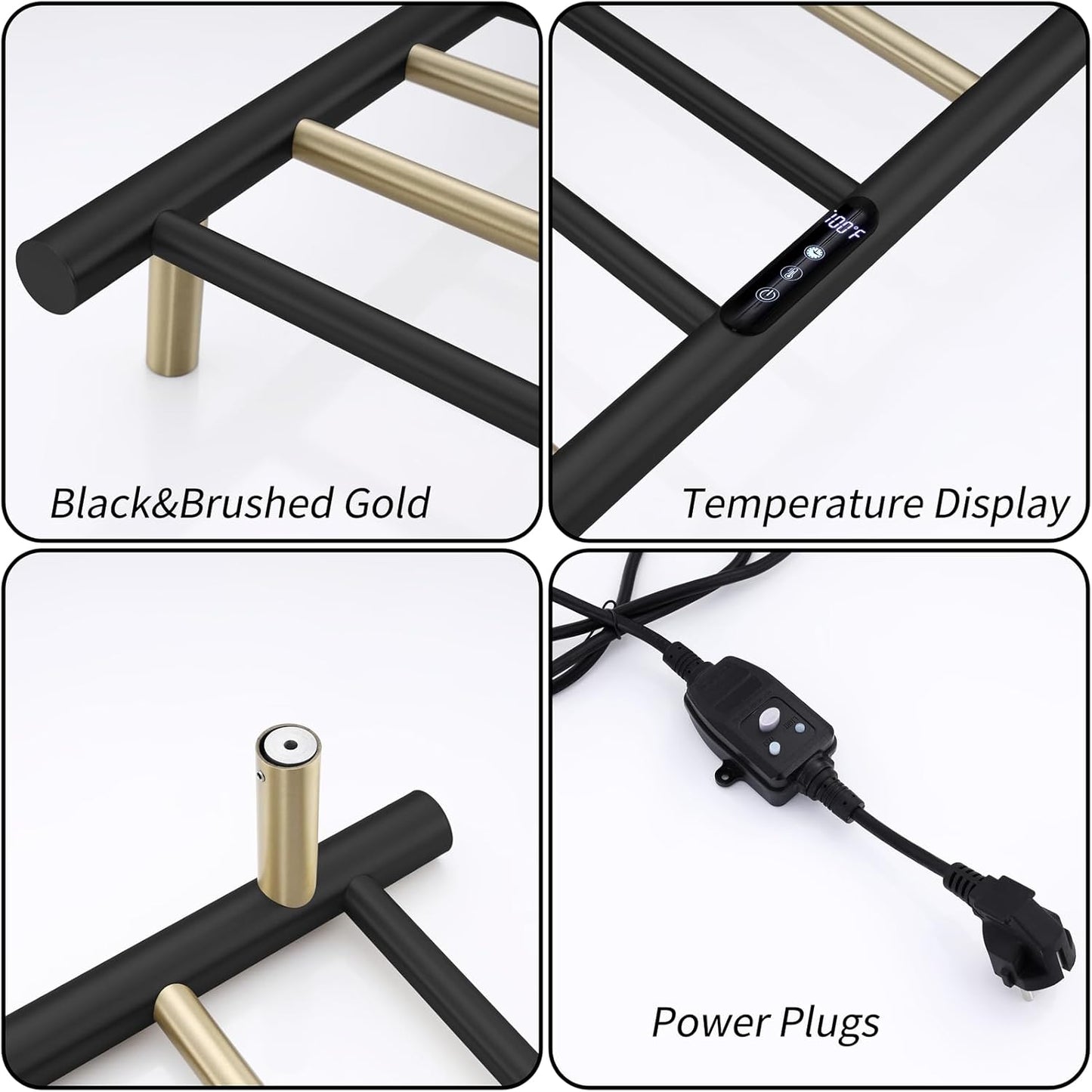 Towel Warmer Black and Brushed Gold 105 W Electric Heated Towel Rack Stainless Steel 8 Bar Towel Heater with Intelligent Touch Screen Timer, Wall Mounted, Plug-in