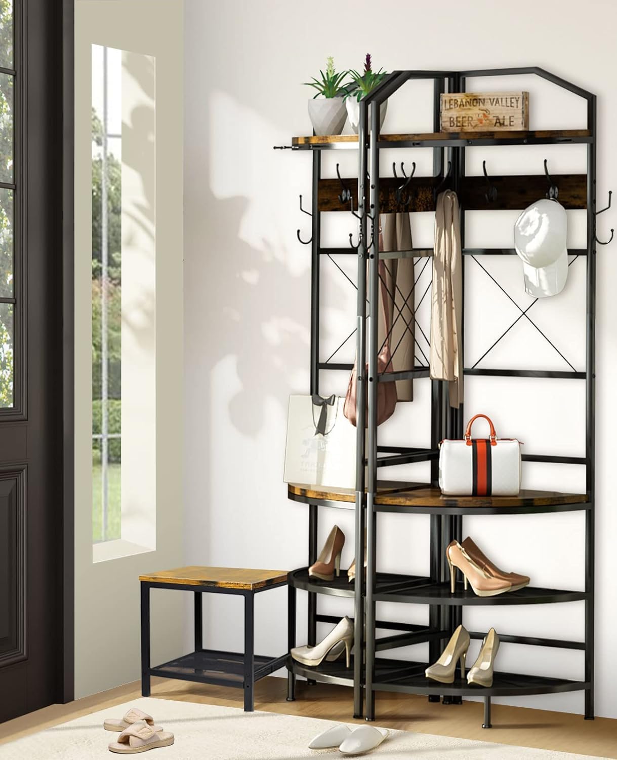 4-Tier Corner Coat Rack with Shoe Storage, Entryway Hall Tree with Bench and Hooks, Wooden Corner Clothes Rack Shoe Shelf Organizer for Home