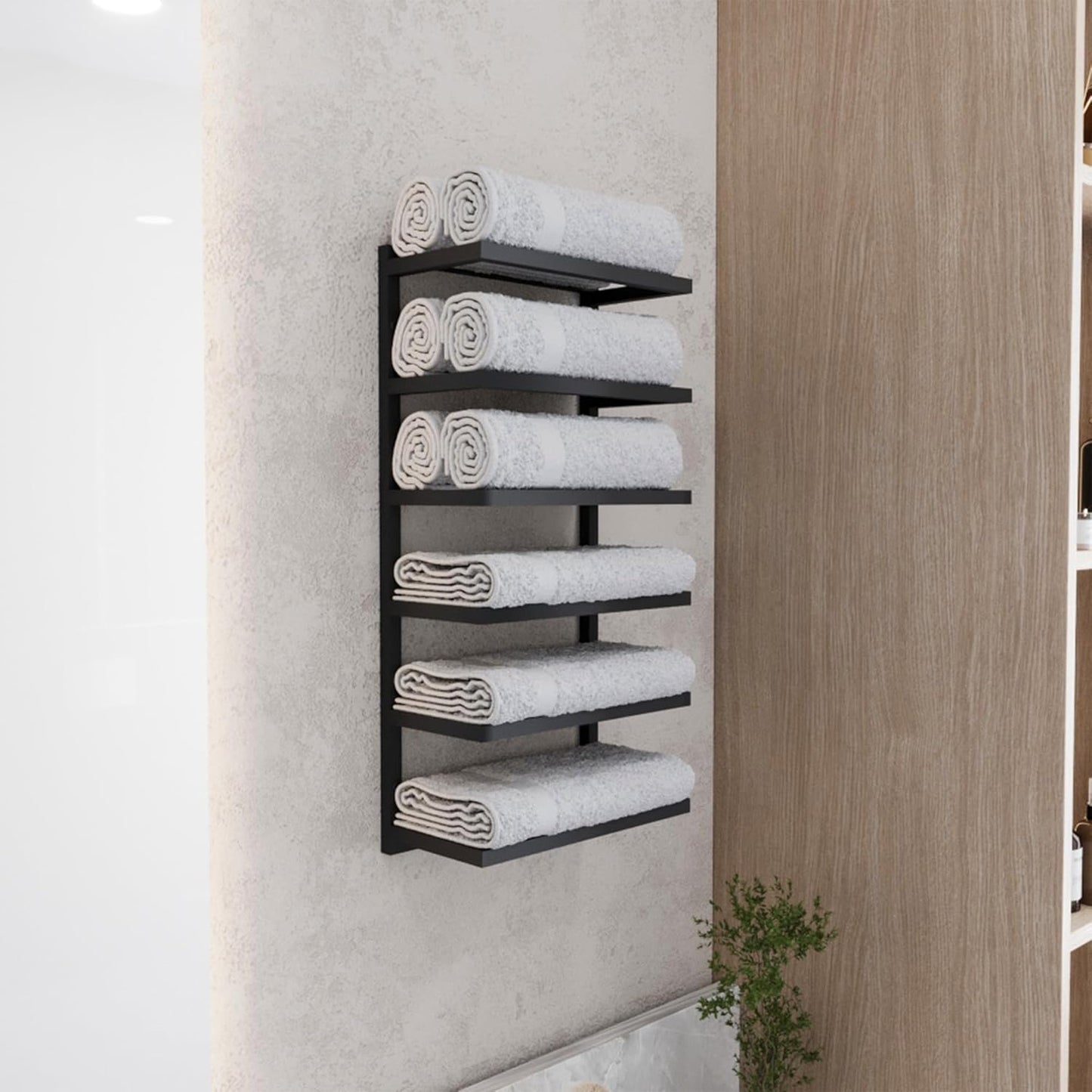 Modern 5-Tier/6-Tier Towel Rack - Wall-Mounted Black Metal Towel Shelf for Bathroom, Space-Saving Storage for Towels, Organizers, and Home Decor (5-Tier)
