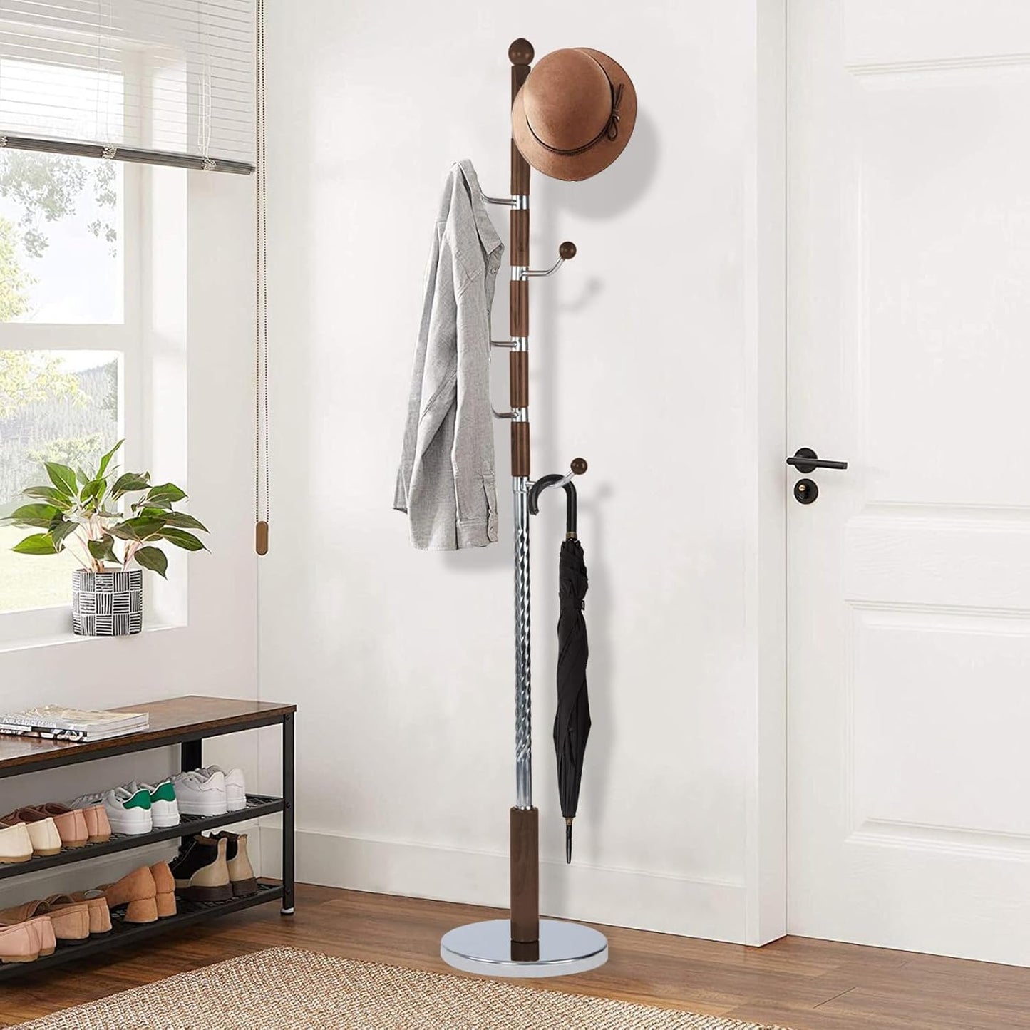 Wooden Coat Rack Freestanding, Vintage Coat Racks with Sturdy Round Base, Adjustable Height 37.40"-72.83" Entrance Coat Rack for Bedroom Living Room Entryway (Solid wood Rosewood)