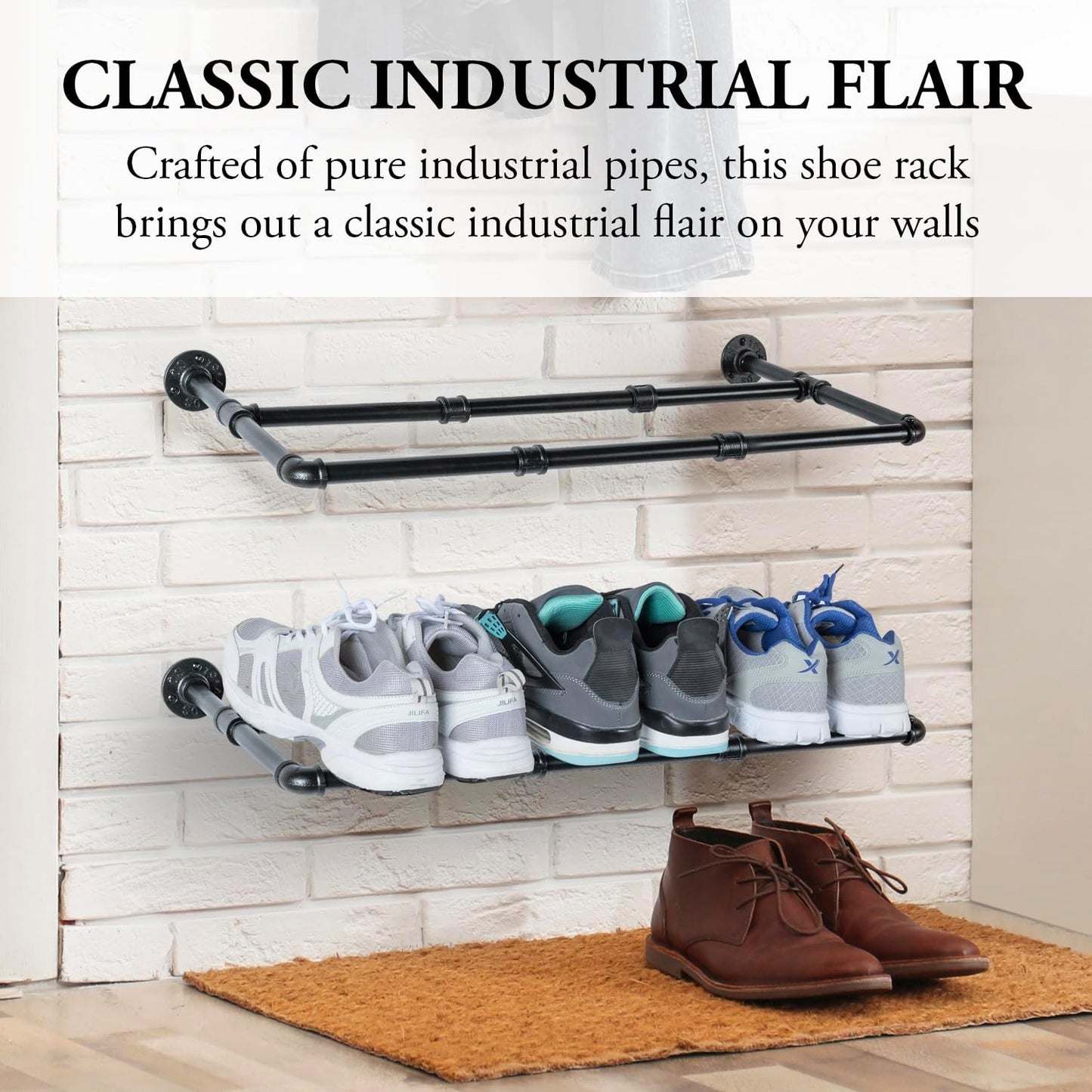 MyGift Set of 4 Industrial Matte Black Metal Pipe Hanging Shoe and Boot Rack Organizer Shelf, Wall Mounted Space Saving Footwear Storage Shelves for Closet, Mudroom, Entryway, Holds 12 Pairs