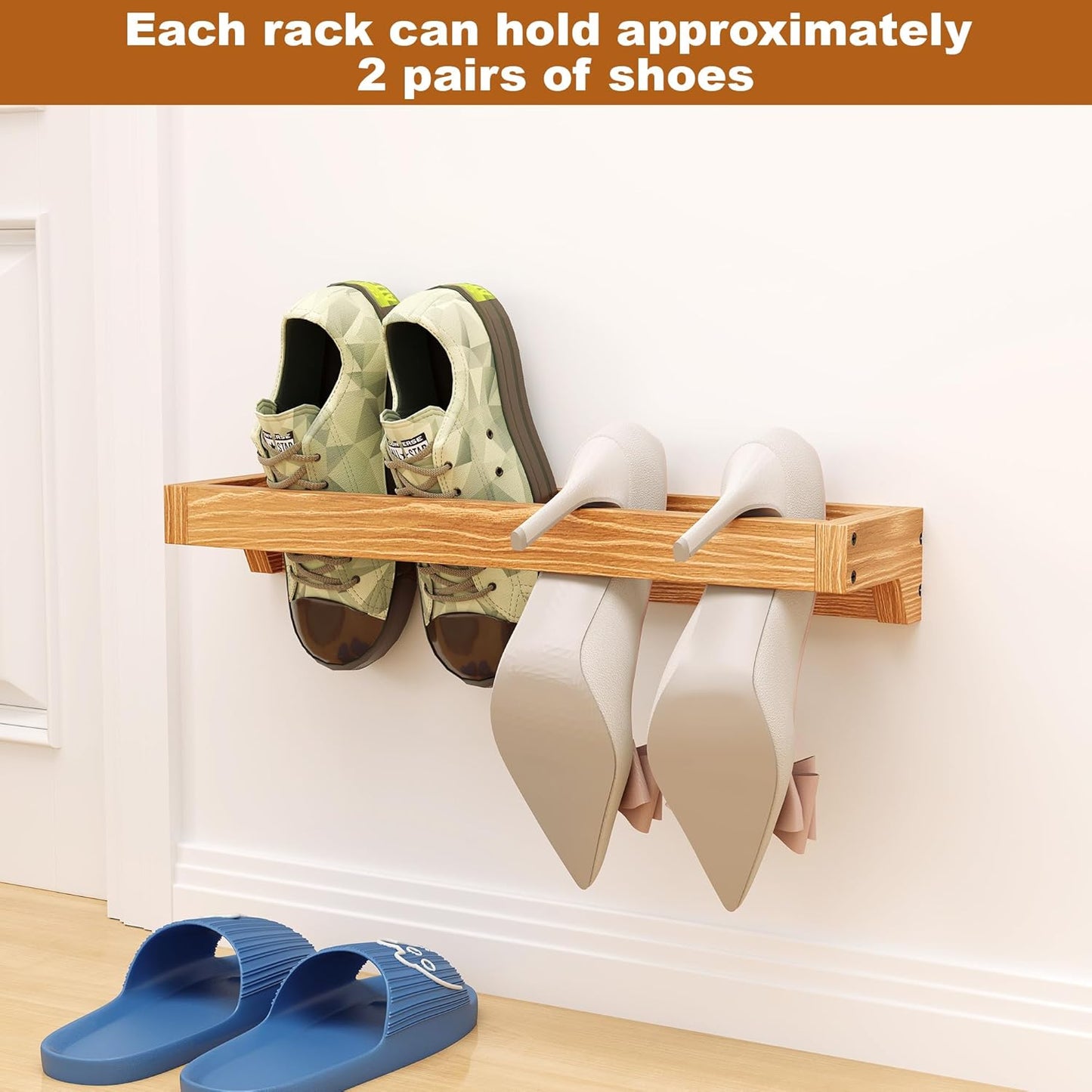 Nisorpa 20 Inch Rustic Burnt Wood Hanging Shoe Rack, Wall Mounted Shoe Rack Storage Organizer Space Saving Footwear Holder for Closet, Mudroom, Entryway, Holds 8 Pairs, Set of 4