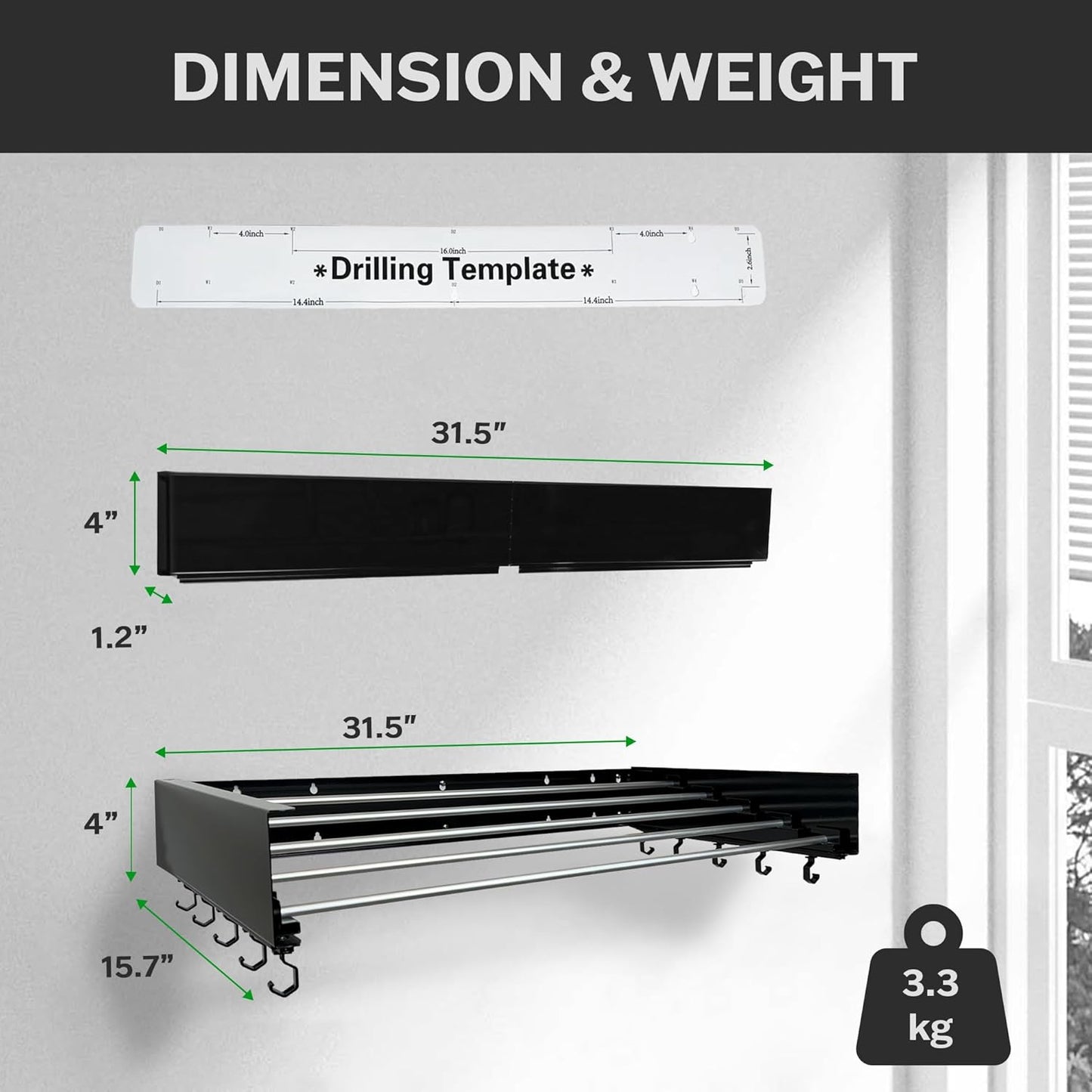 Wall Mounted Laundry Drying Rack, Retractable & Foldable, 31.5" Wide, 13.2 Linear Ft, 5 Heavy-Duty Aluminum Rods, 60 lb Capacity, Space-Saving Design, Easy Installation, Indoor/Outdoor (Black)