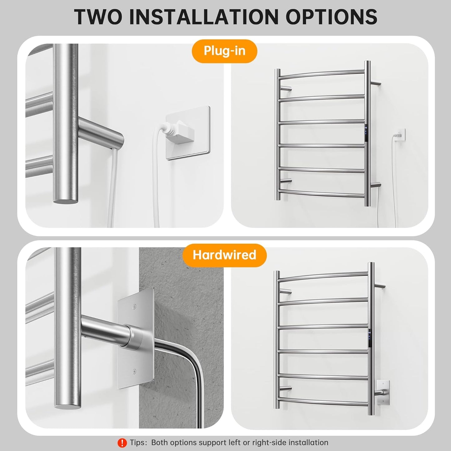 Towel Warmer Rack, Heated Towel Racks for Bathroom, Wall Mounted Towel Warmer, Stainless Steel Curved 6-Bars Drying Rack with Intelligent Touch Screen Timer, Brushed Nickel