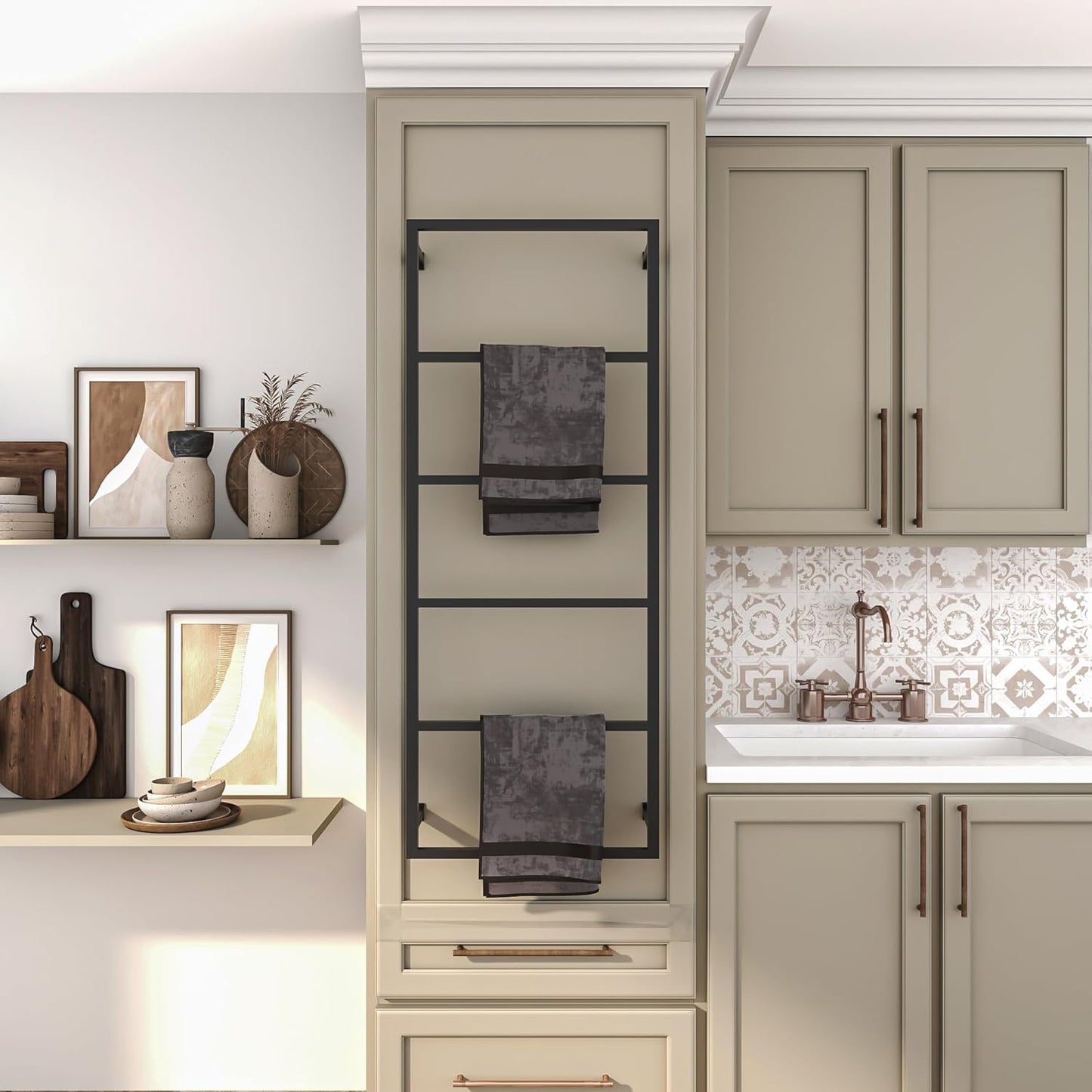 Elegant Wall Mounted 6 Tier Towel Holder, Rust-Resistant, Space-Saving Towel Rack for Effortless Drying, Perfect for Modern Farmhouse Bathroom, Kitchen Decor (44"(H) x 18"(W) x 3"(D))