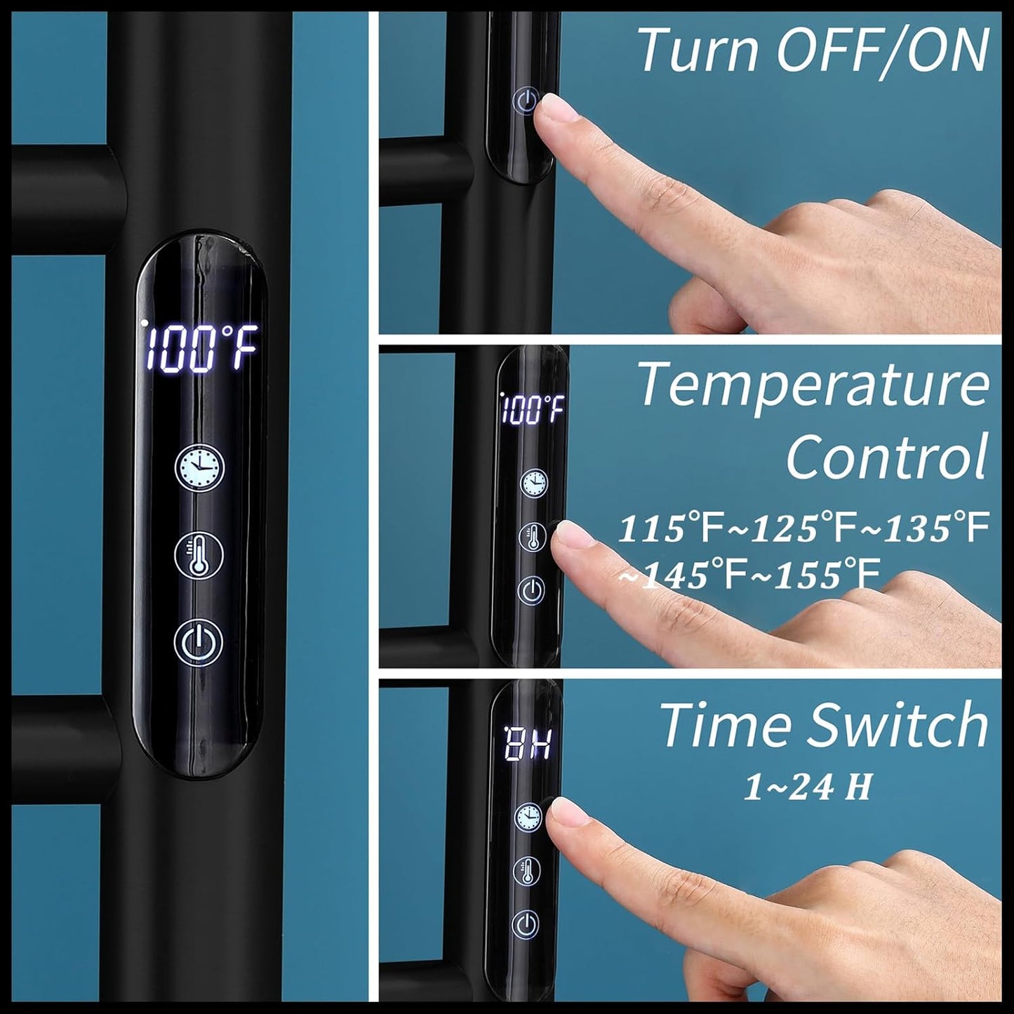 Towel Warmer Black and Brushed Gold 105 W Electric Heated Towel Rack Stainless Steel 8 Bar Towel Heater with Intelligent Touch Screen Timer, Wall Mounted, Plug-in