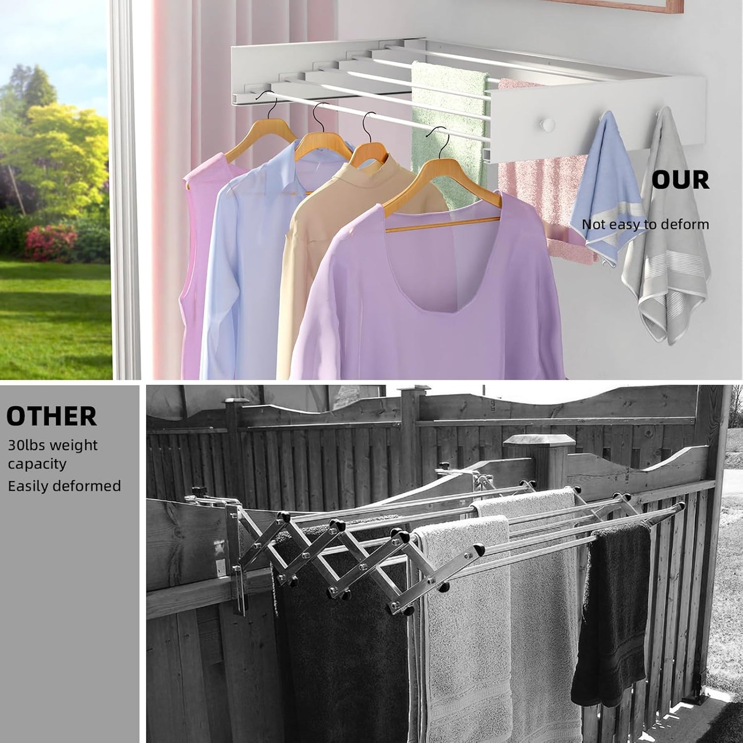 Upgrade Laundry Drying Rack, 31.5" Drying Rack Clothing Wall Mounted,Foldable, 5 Aluminum Rods with 6 Hooks, Space-Saving White Collapsible Drying Racks Hanger for Laundry Bathroom