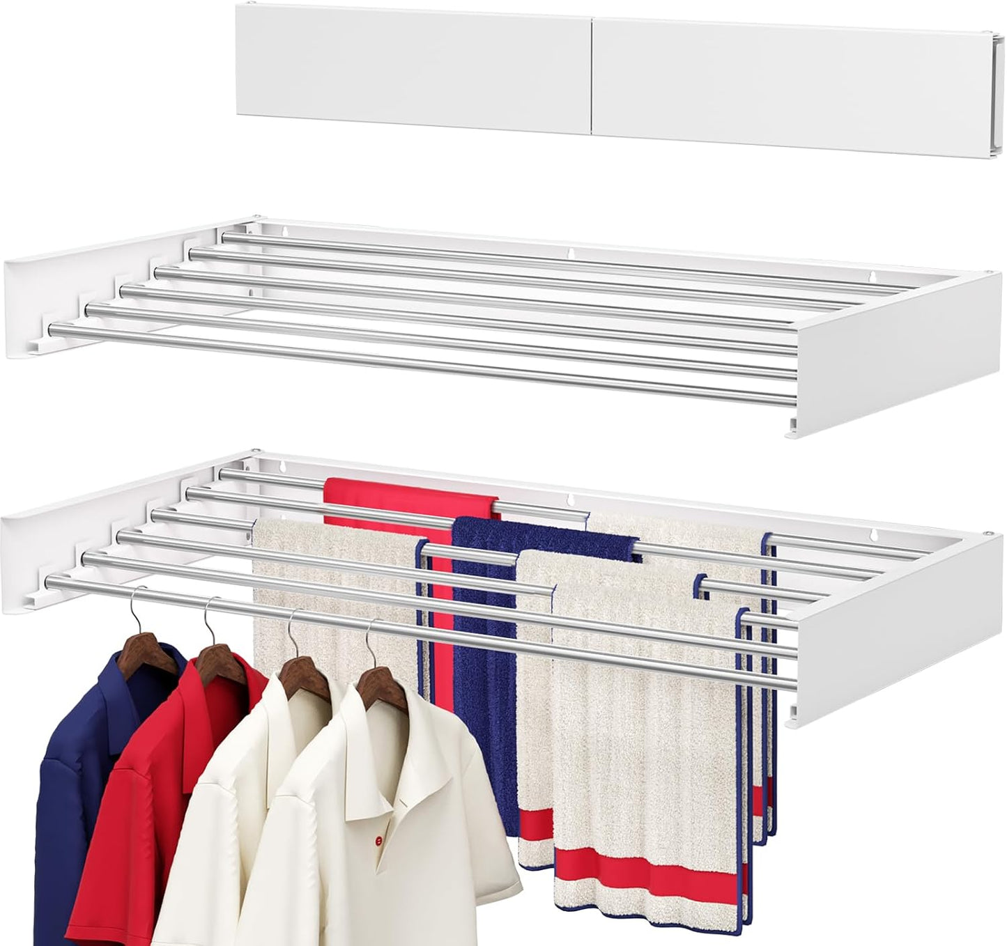 Wall Mounted Drying Rack 31.5", Foldable Laundry Drying Rack with Stainless Steel Rods, Retractable Laundry Space Saver for Indoor & Outdoor Use, Include Wall Template