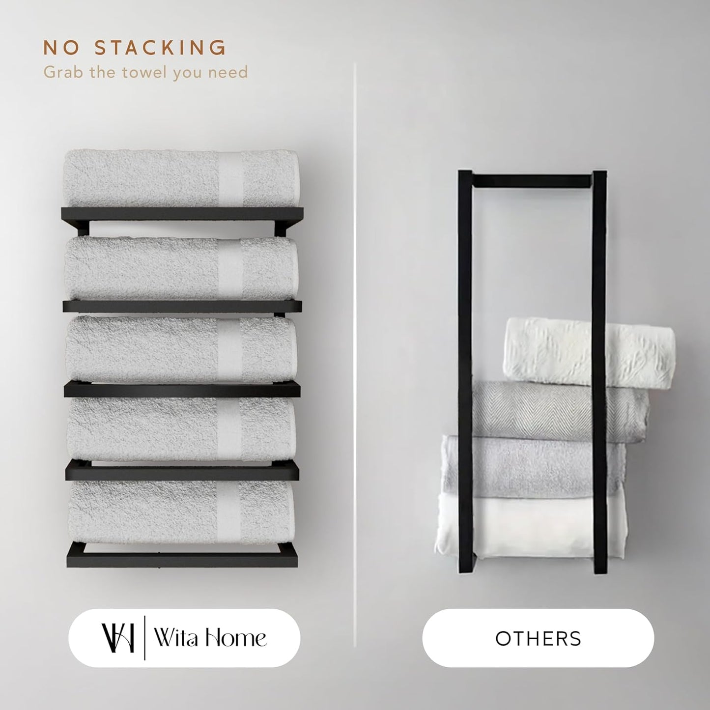 Modern 5-Tier/6-Tier Towel Rack - Wall-Mounted Black Metal Towel Shelf for Bathroom, Space-Saving Storage for Towels, Organizers, and Home Decor (5-Tier)